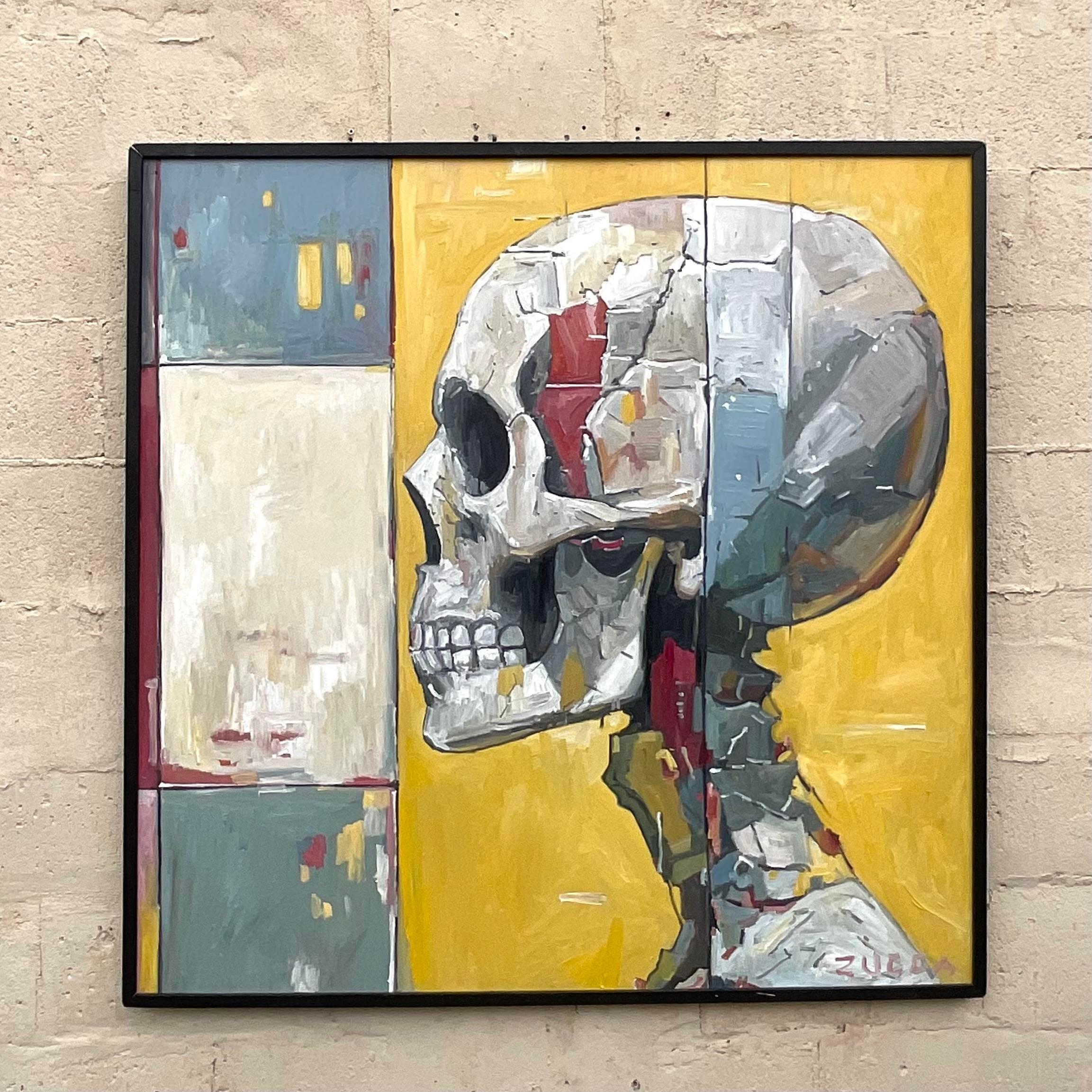 Vintage Boho Original Skull Oil Painting on Board In Good Condition For Sale In west palm beach, FL