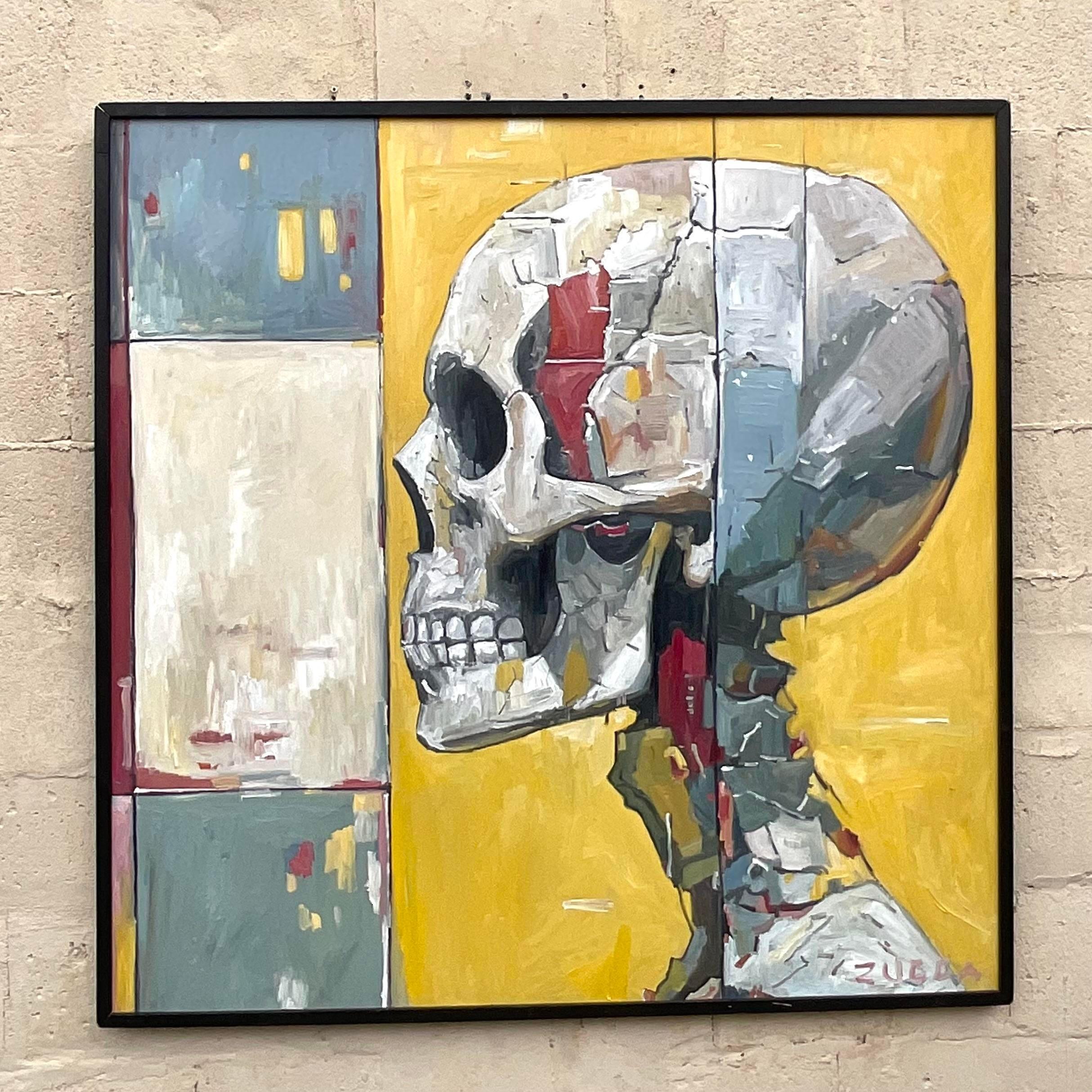 Contemporary Vintage Boho Original Skull Oil Painting on Board For Sale
