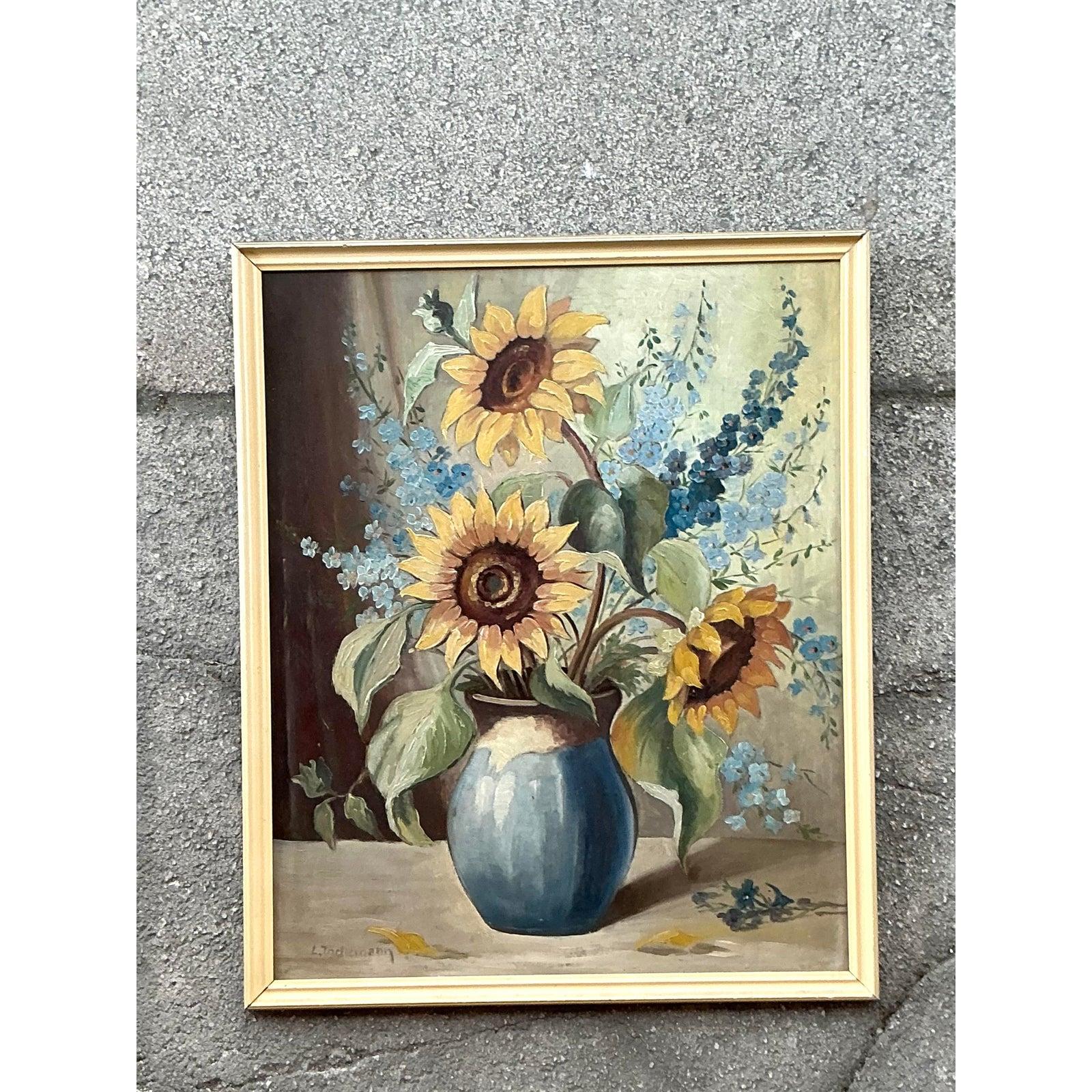 Immerse your space in the sun-kissed charm of this Vintage Boho Original Still Life Oil On Board, a beautifully rendered piece that captures the vibrant essence of nature's bounty. This captivating painting features a lush arrangement of golden