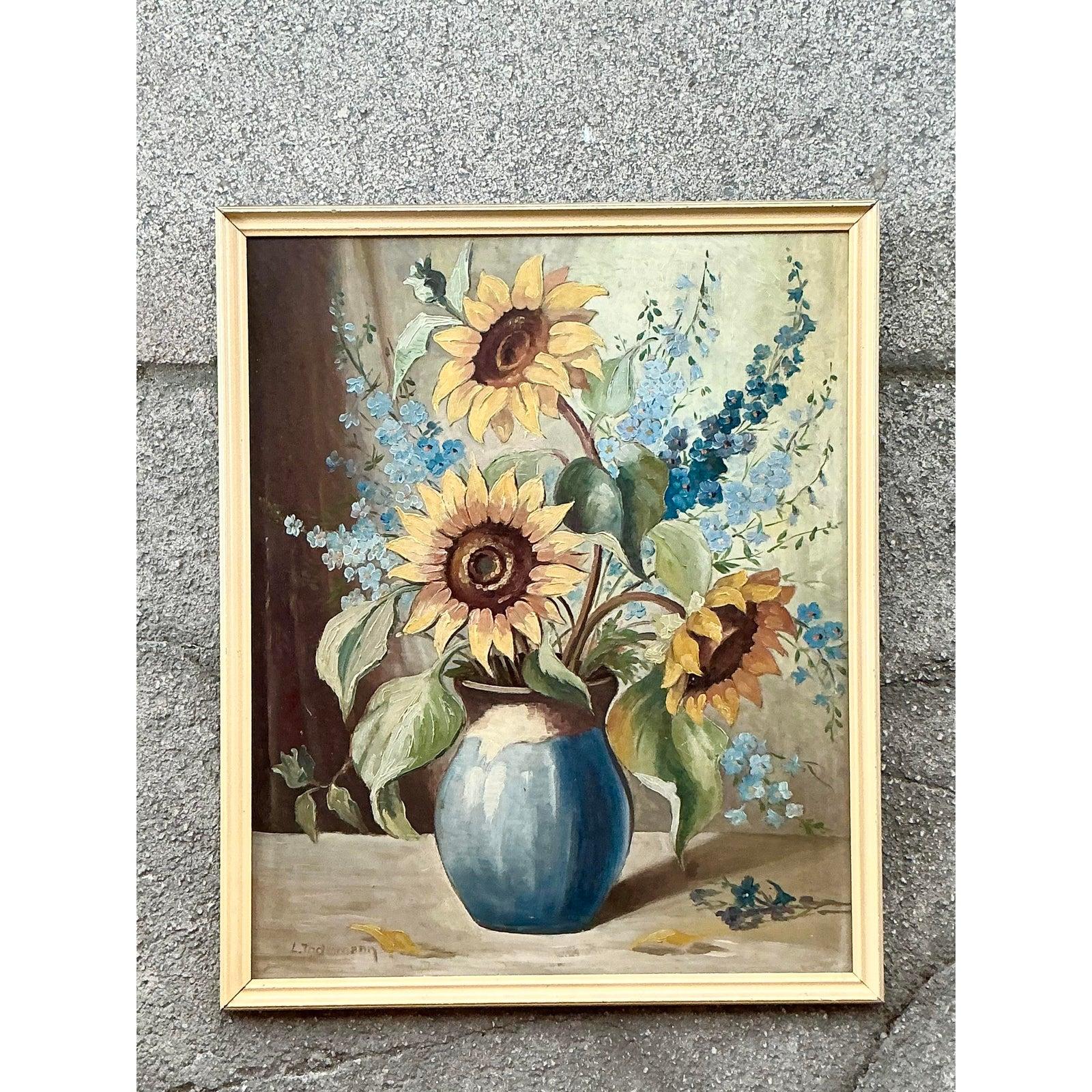 Vintage Boho Original Still Life Oil on Board (amerikanisch) im Angebot