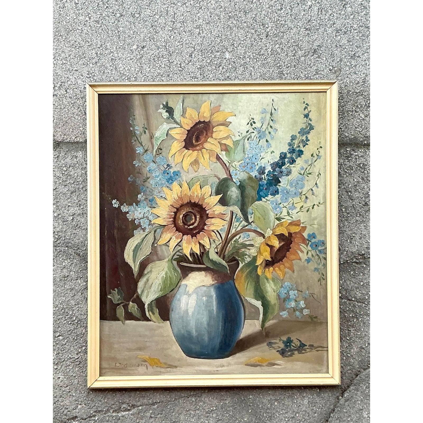 Vintage Boho Original Still Life Oil on Board (Holz) im Angebot
