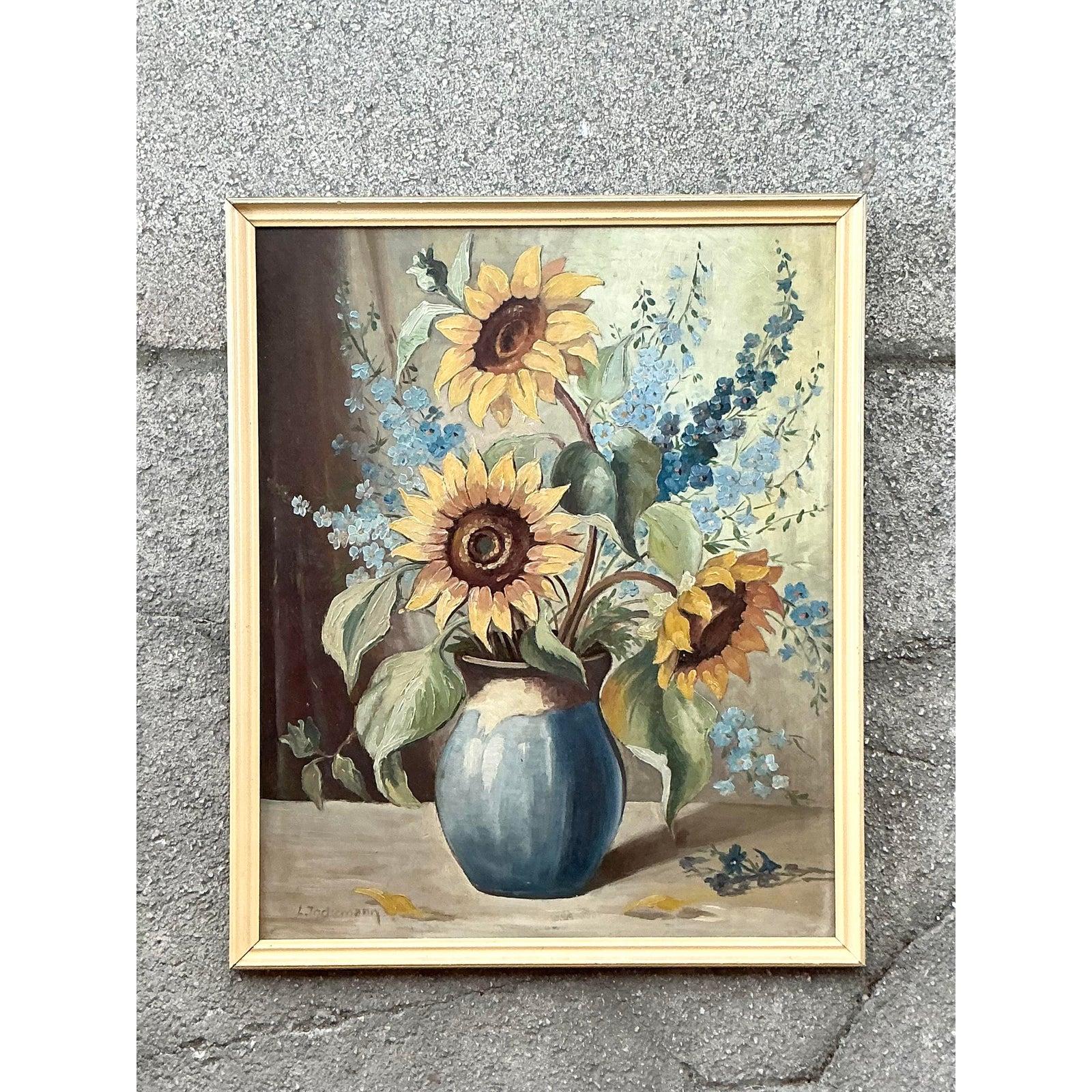Vintage Boho Original Still Life Oil on Board im Angebot 1