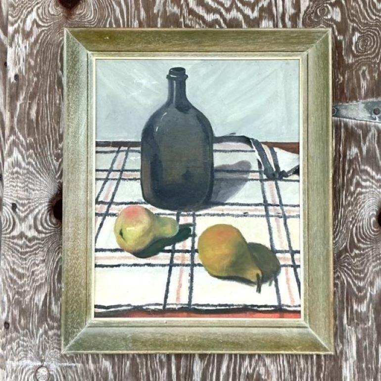 Verleihen Sie Ihrem Raum einen Hauch von künstlerischem Charme mit diesem Vintage Boho Original Stillleben Öl auf Leinwand. Dieses wunderschön gemalte Werk fängt die Essenz des klassischen Stilllebens ein, mit satten, lebhaften Farben und