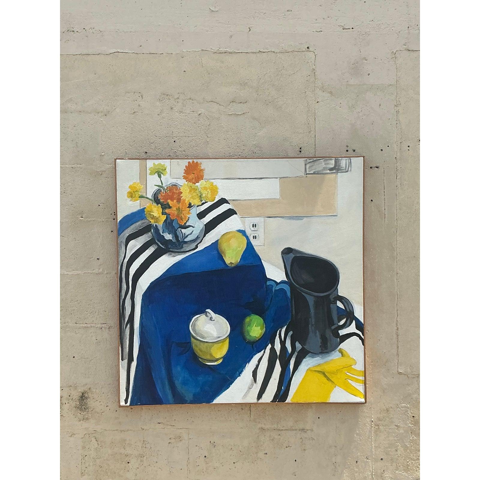 Brighten your space with this enchanting Vintage Original Still Life Oil Painting on Canvas, a vibrant testament to bohemian charm and artistic expression. This captivating artwork beautifully captures an intimate arrangement of everyday objects—a