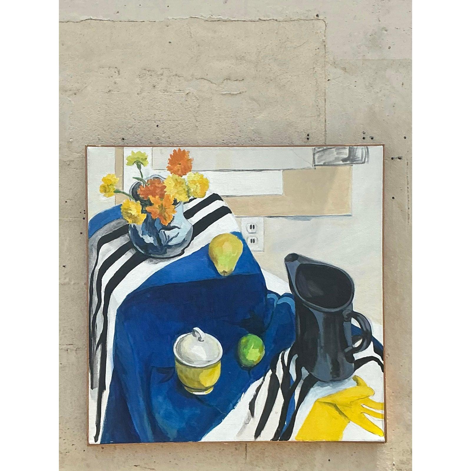 Original Vintage Boho Original Stillleben Öl auf Leinwand (amerikanisch) im Angebot