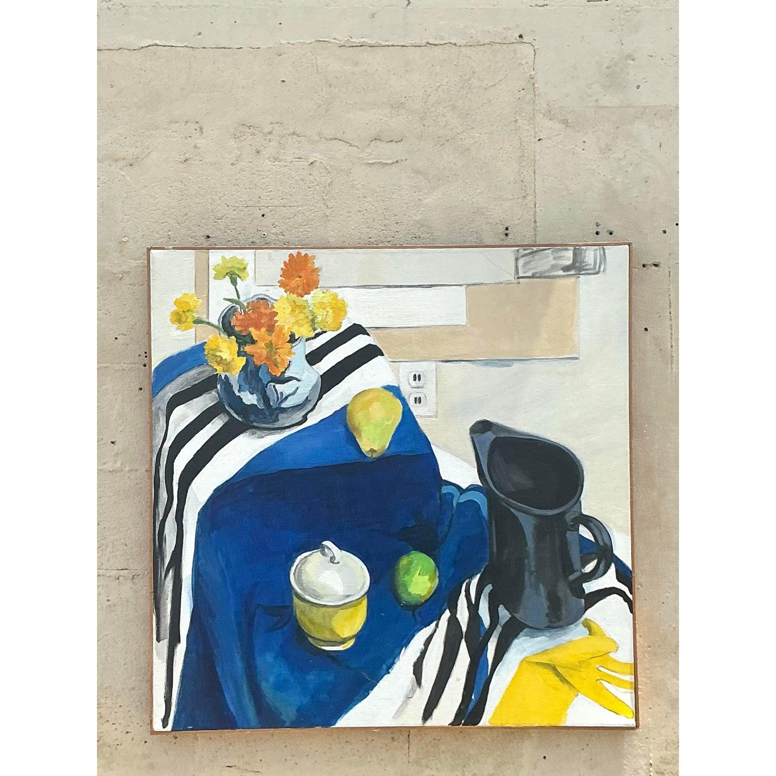 Original Vintage Boho Original Stillleben Öl auf Leinwand im Angebot 2