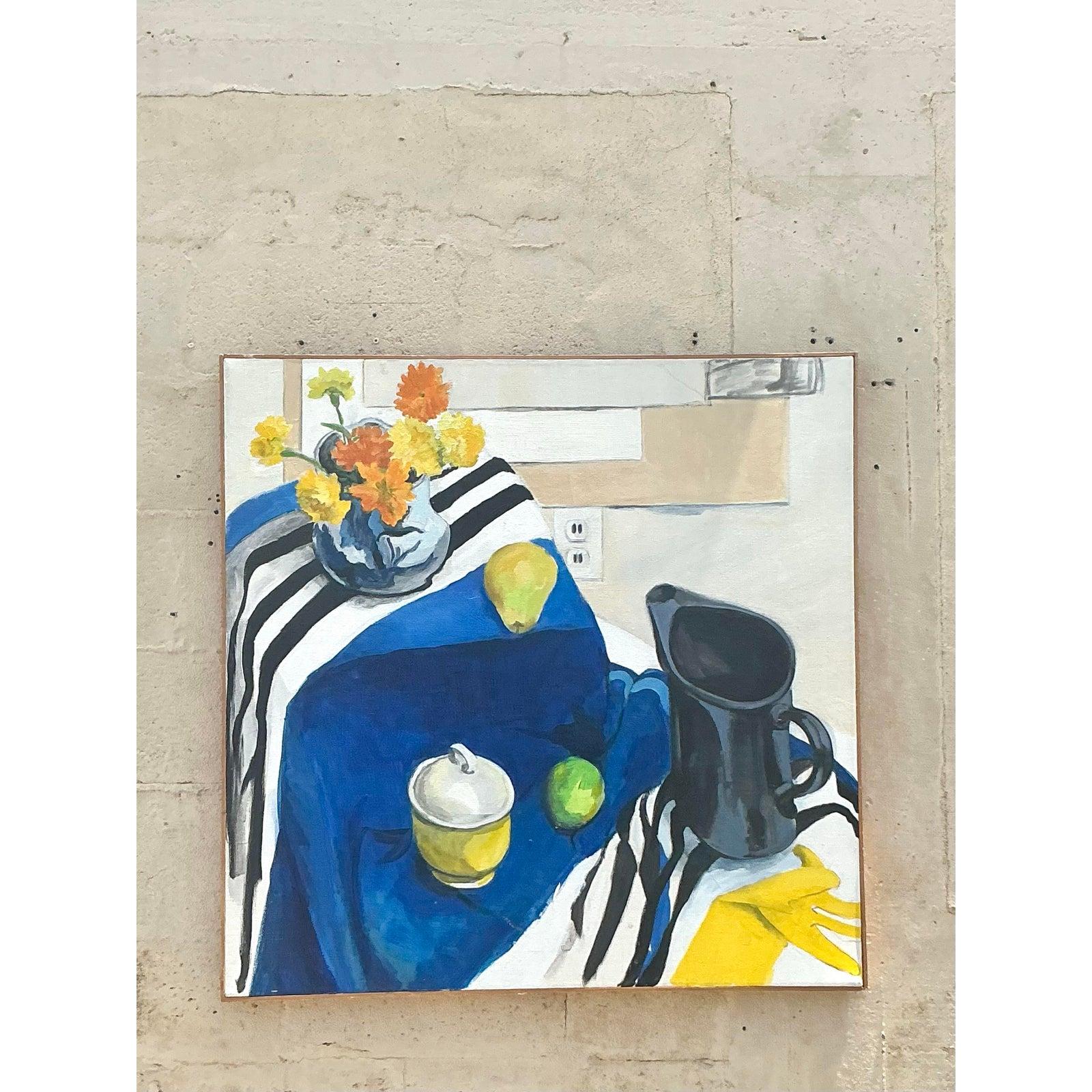 Original Vintage Boho Original Stillleben Öl auf Leinwand im Angebot 3