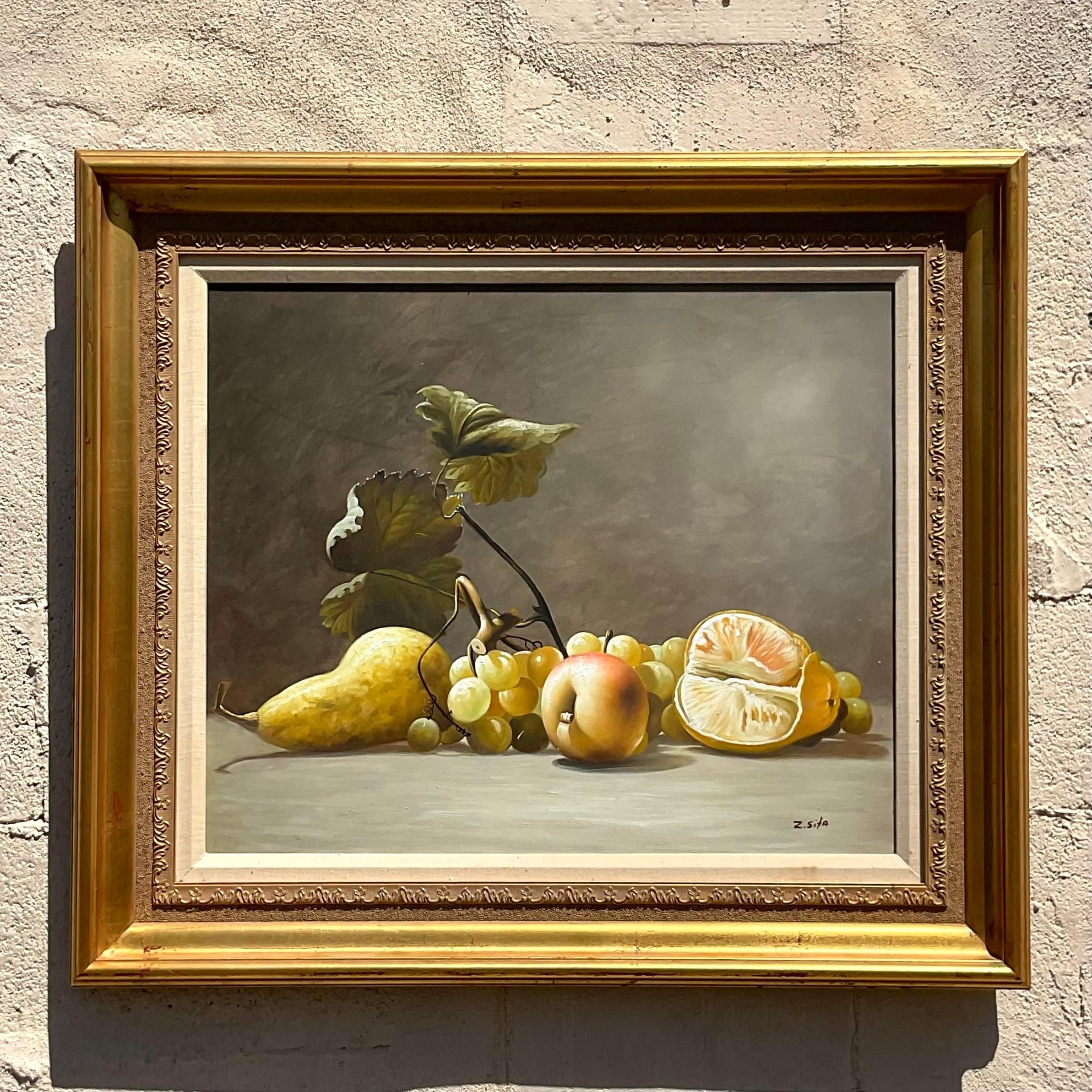 American Vintage Boho Original Still Life Oil Painting on Canvas For Sale