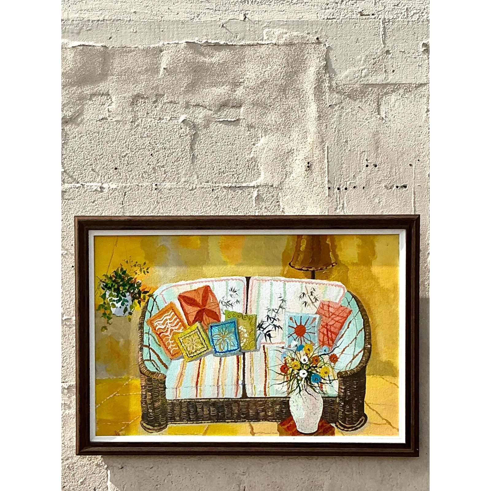 Bringen Sie einen Hauch von zeitlosem Charme in Ihren Raum mit diesem Vintage Boho Original-Stillleben-Gemälde auf Leinwand. Dieses Kunstwerk wurde mit einem Auge für natürliche Schönheit und Detailreichtum handbemalt und zeigt ein elegantes