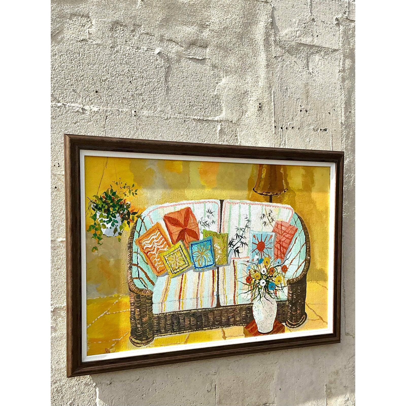 Vintage Boho Original Stillleben Gemälde auf Leinwand (amerikanisch) im Angebot