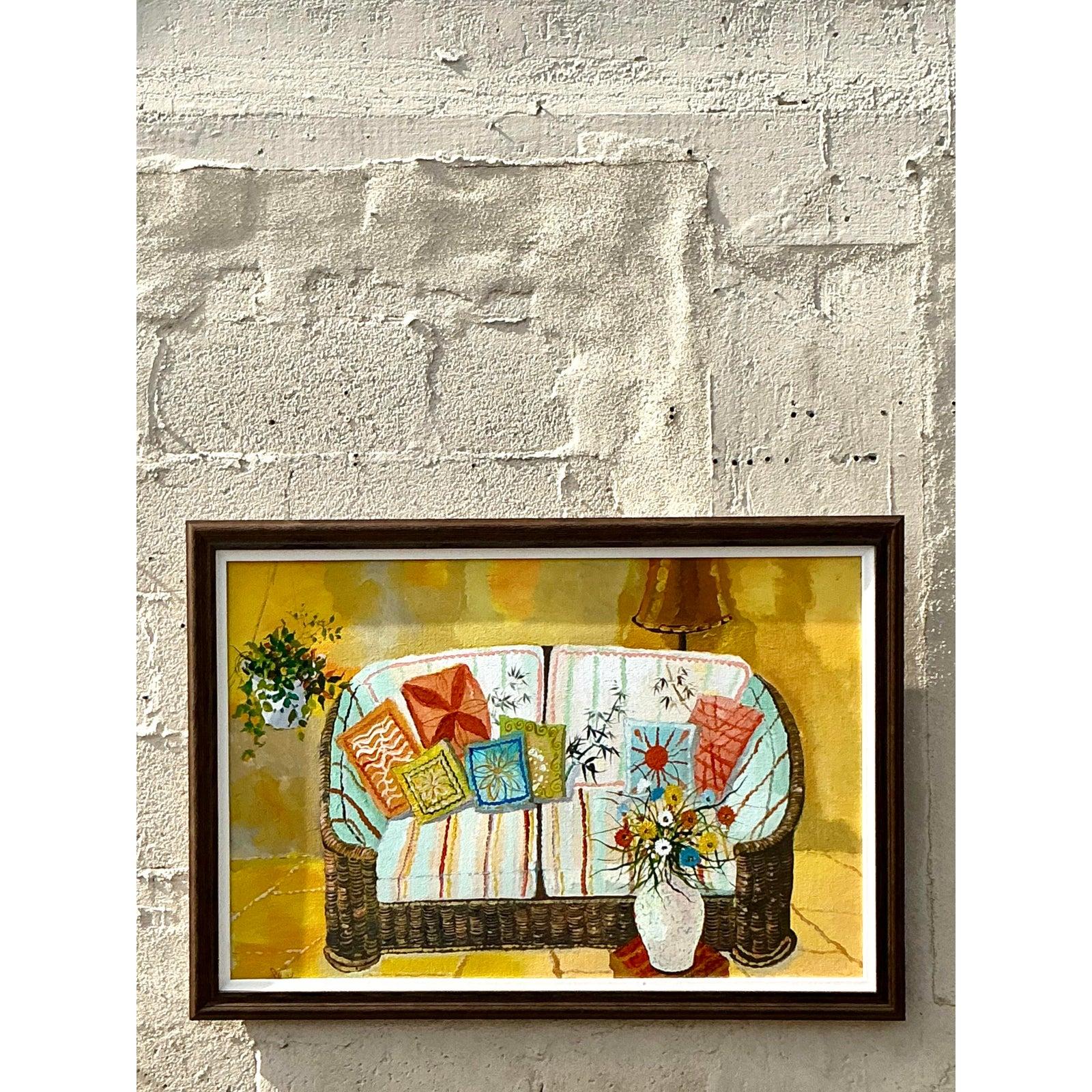 Vintage Boho Original Stillleben Gemälde auf Leinwand im Zustand „Gut“ im Angebot in west palm beach, FL