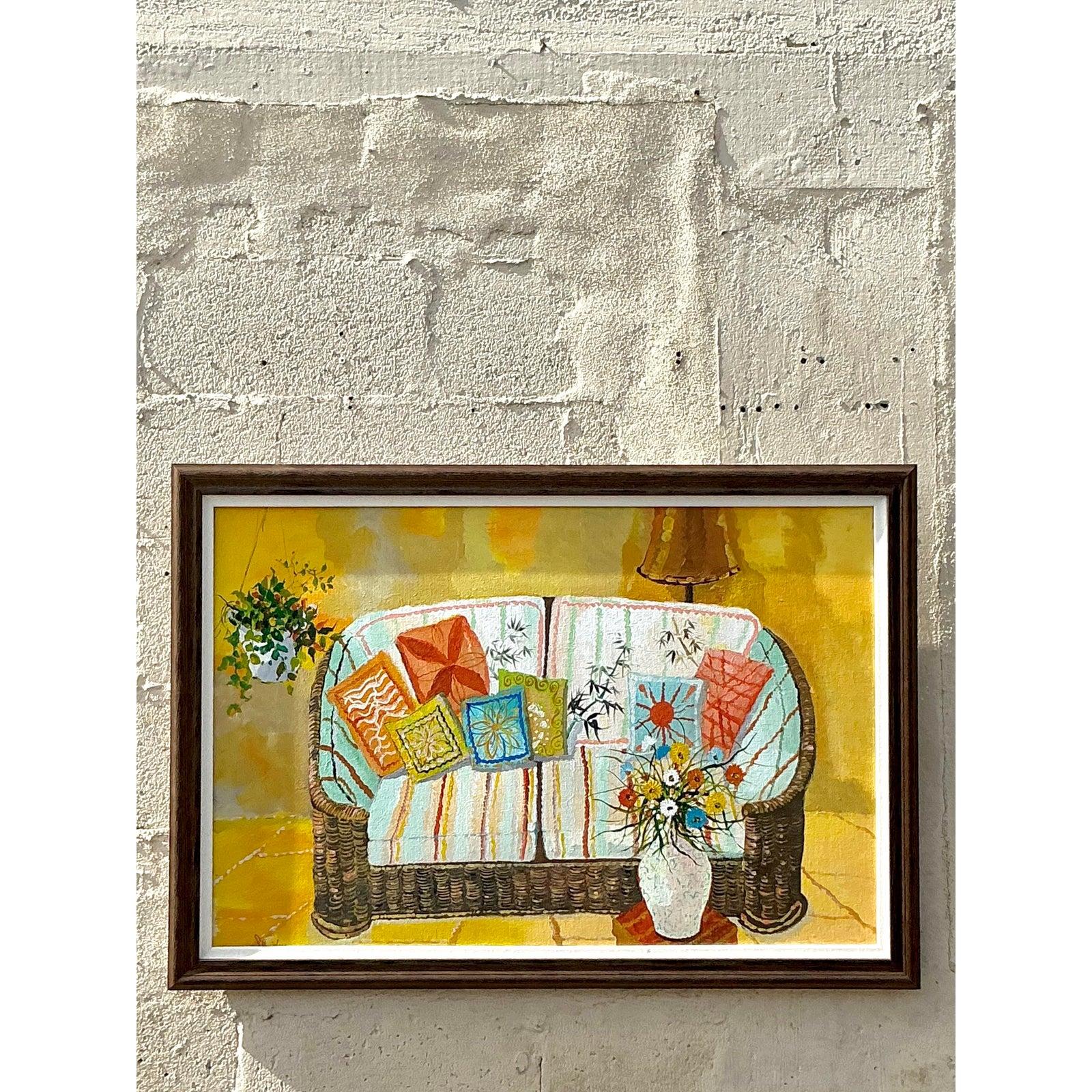 Vintage Boho Original Stillleben Gemälde auf Leinwand (20. Jahrhundert) im Angebot