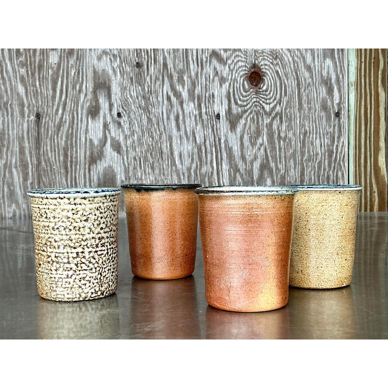 Rustic Vintage Boho Original Studio Pottery Cups - Set of 4 For Sale