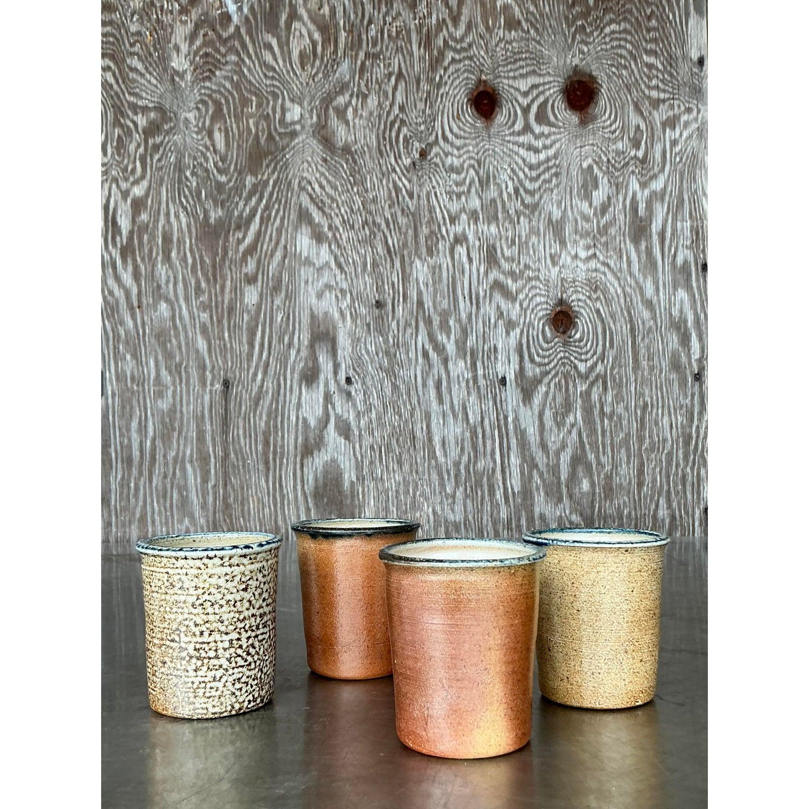 Vintage Boho Original Studio Pottery Cups - Set of 4 In Good Condition For Sale In west palm beach, FL