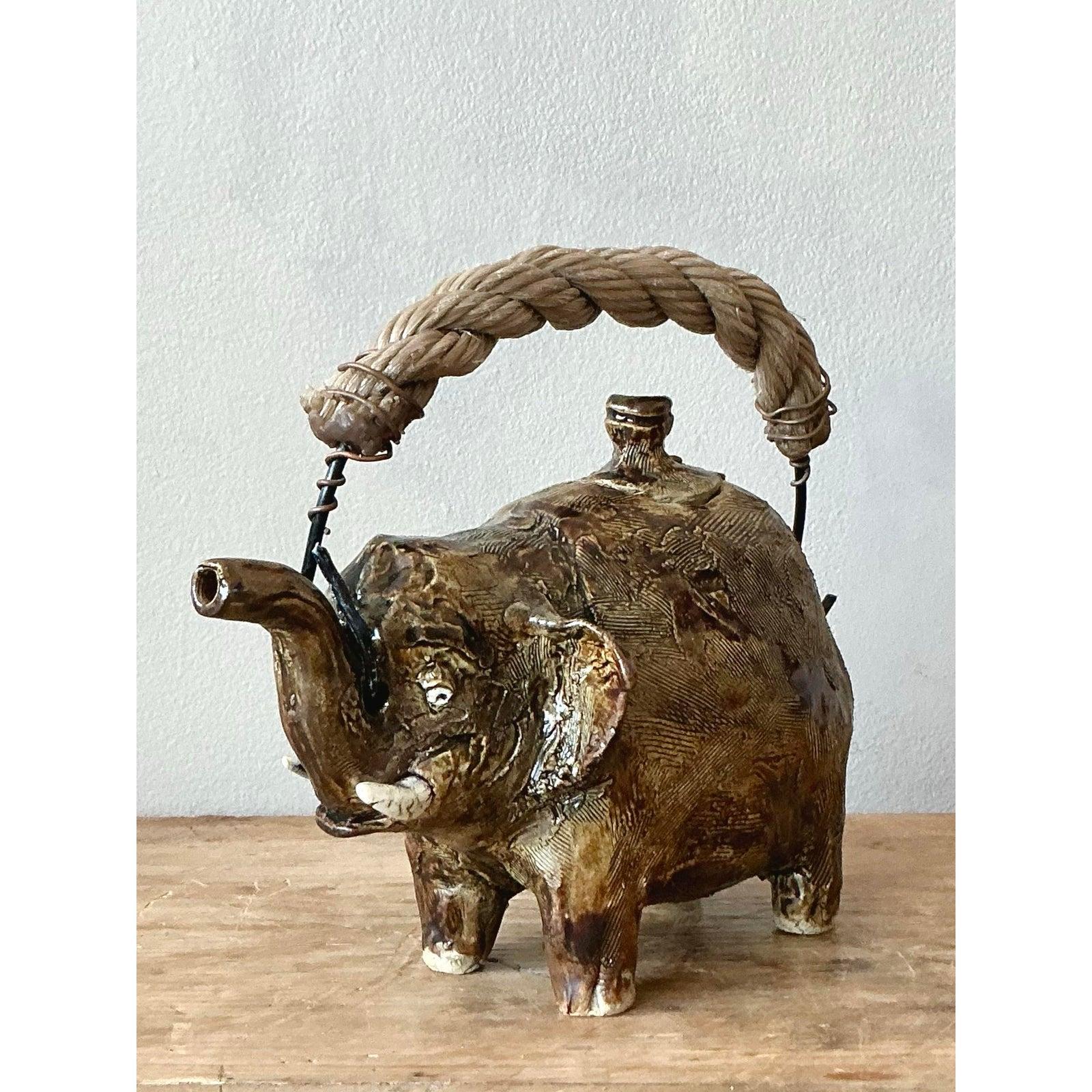 Rustic Vintage Boho Original Studio Pottery Elephant Teapot For Sale
