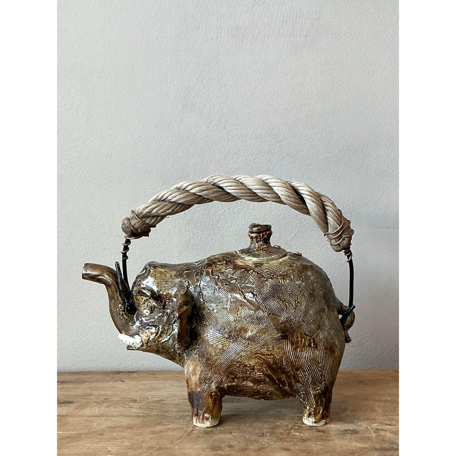 Vintage Boho Original Studio Pottery Elephant Teapot In Good Condition For Sale In West Palm Beach, FL