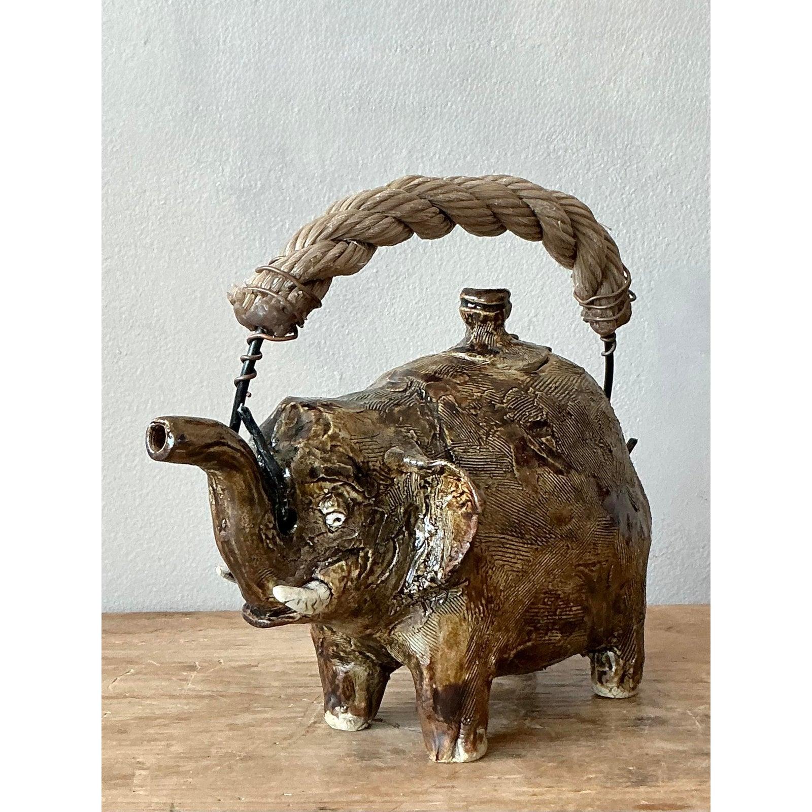 Contemporary Vintage Boho Original Studio Pottery Elephant Teapot For Sale