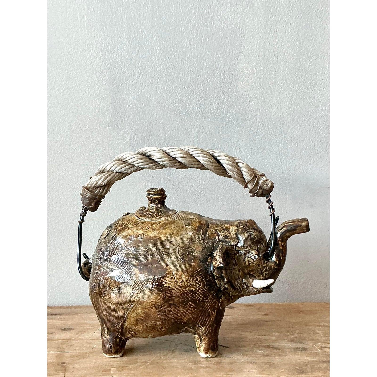 Metal Vintage Boho Original Studio Pottery Elephant Teapot For Sale