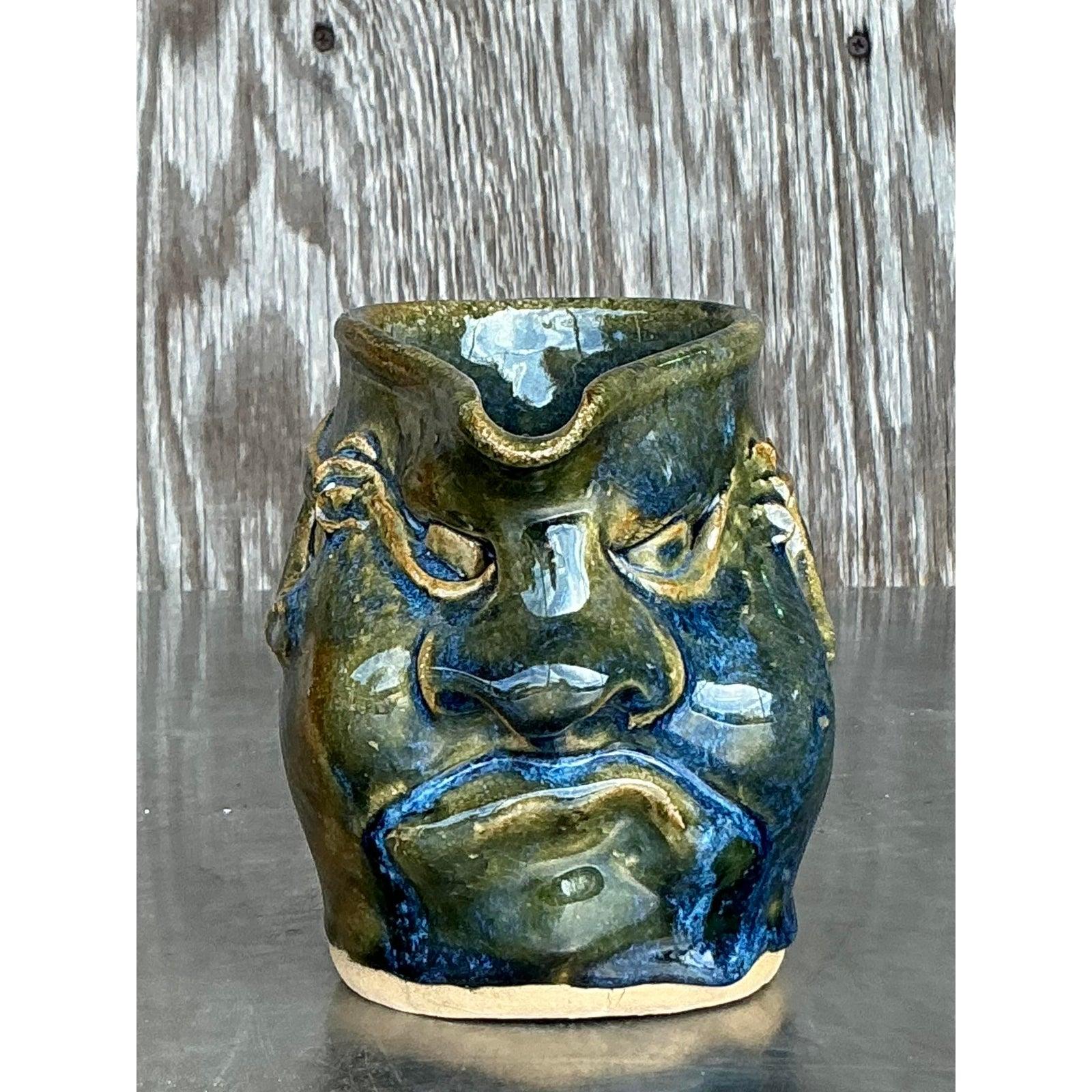 Rustic Vintage Boho Original Studio Pottery Face Pitcher For Sale