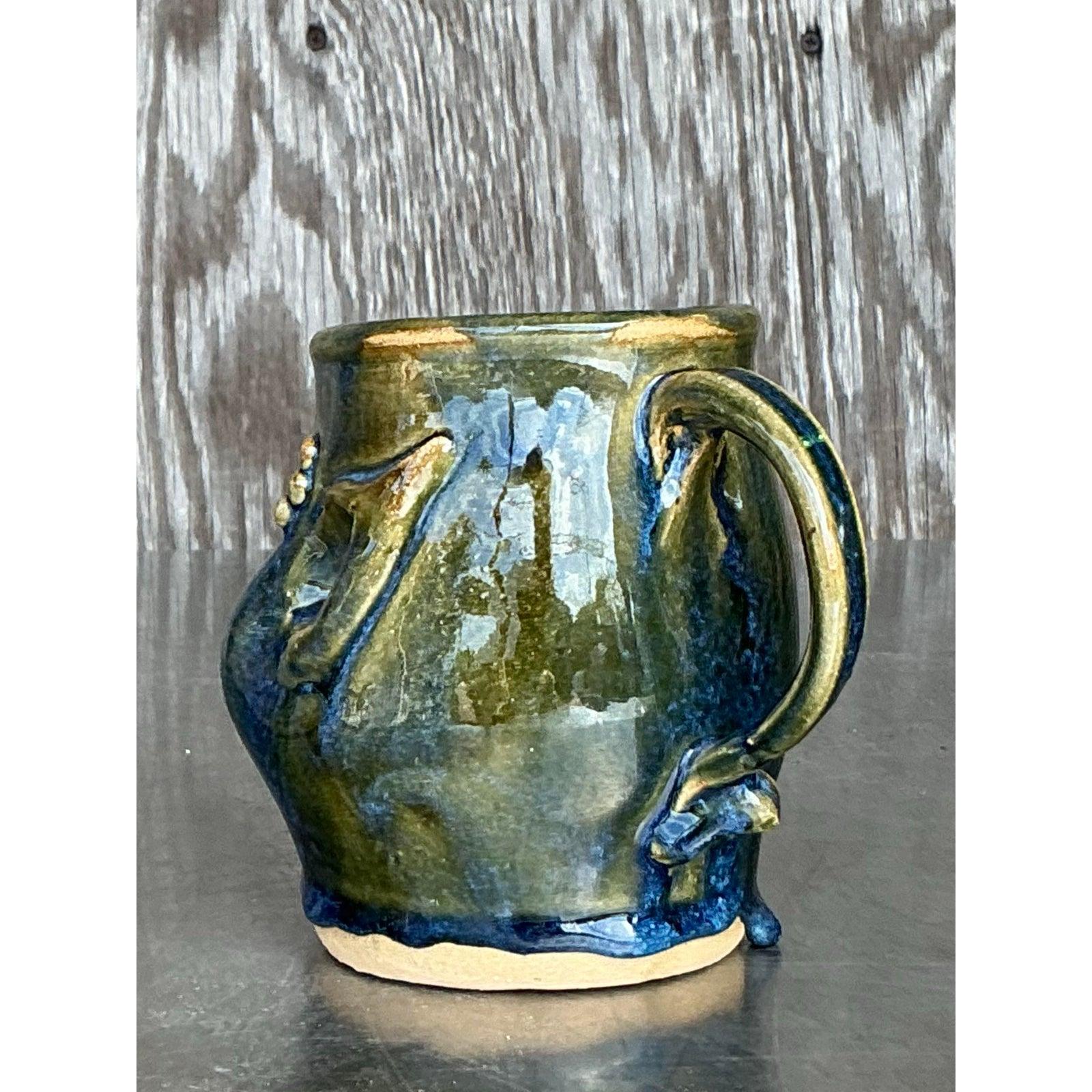 American Vintage Boho Original Studio Pottery Face Pitcher For Sale