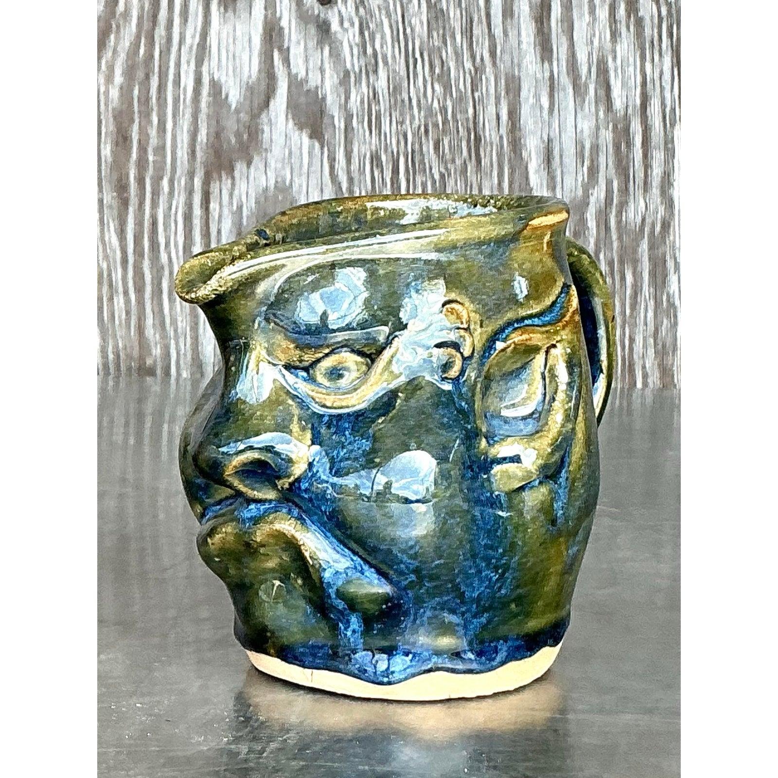 20th Century Vintage Boho Original Studio Pottery Face Pitcher For Sale