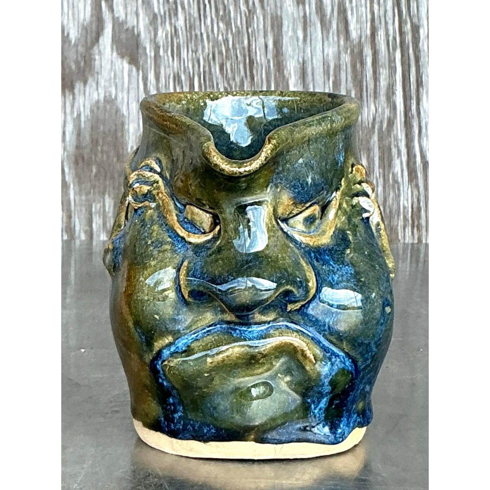 Vintage Boho Original Studio Pottery Face Pitcher For Sale 2