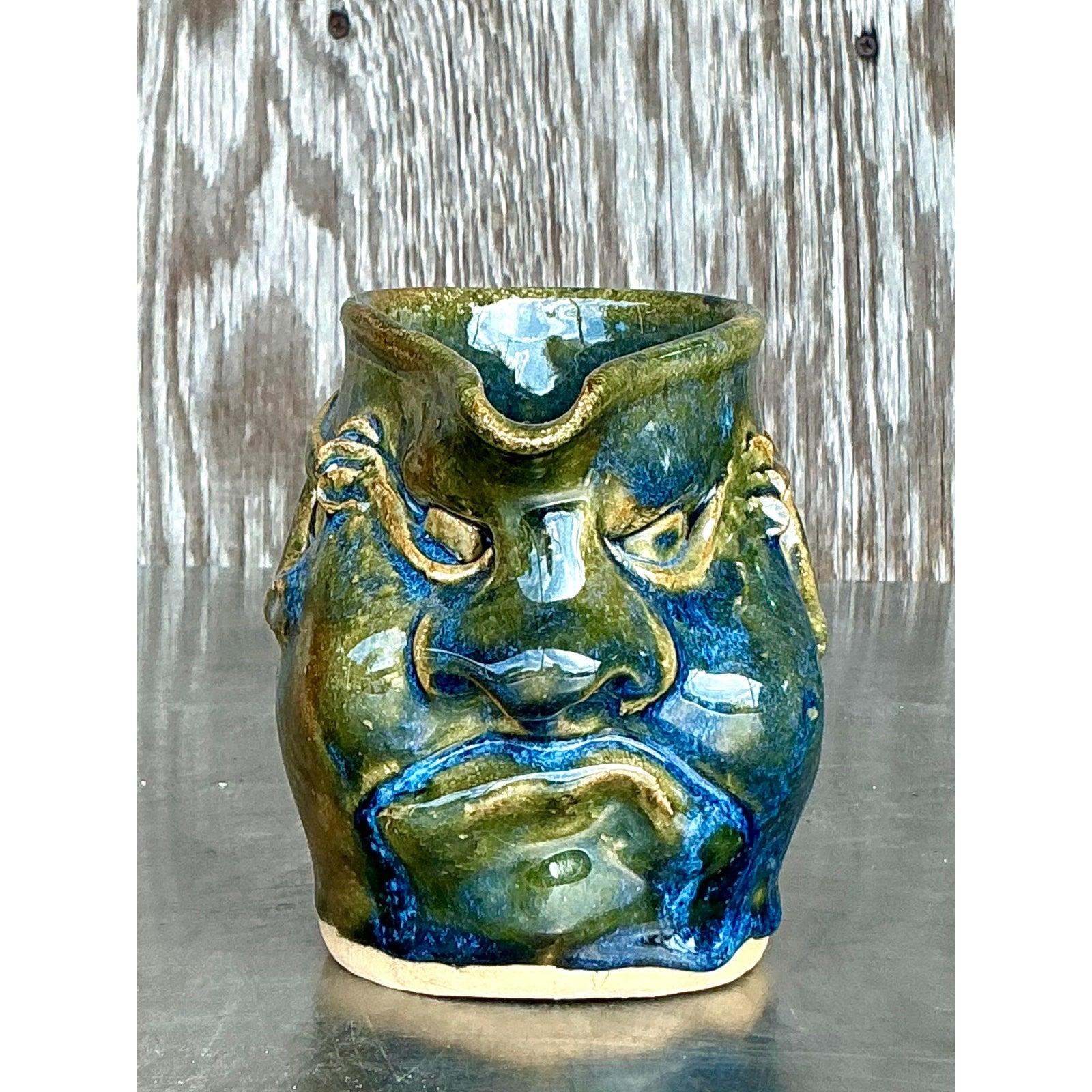 Vintage Boho Original Studio Pottery Face Pitcher For Sale 3