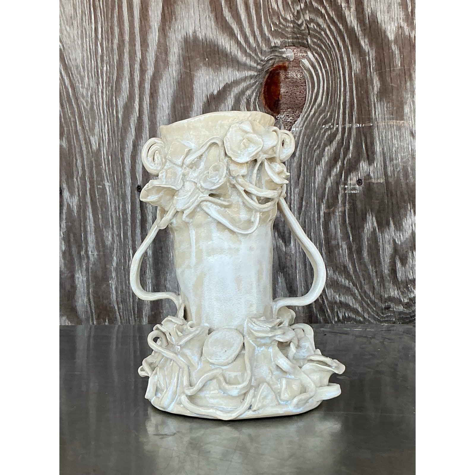 Terracotta Vaso a petali d'epoca Boho Original Studio Pottery in vendita