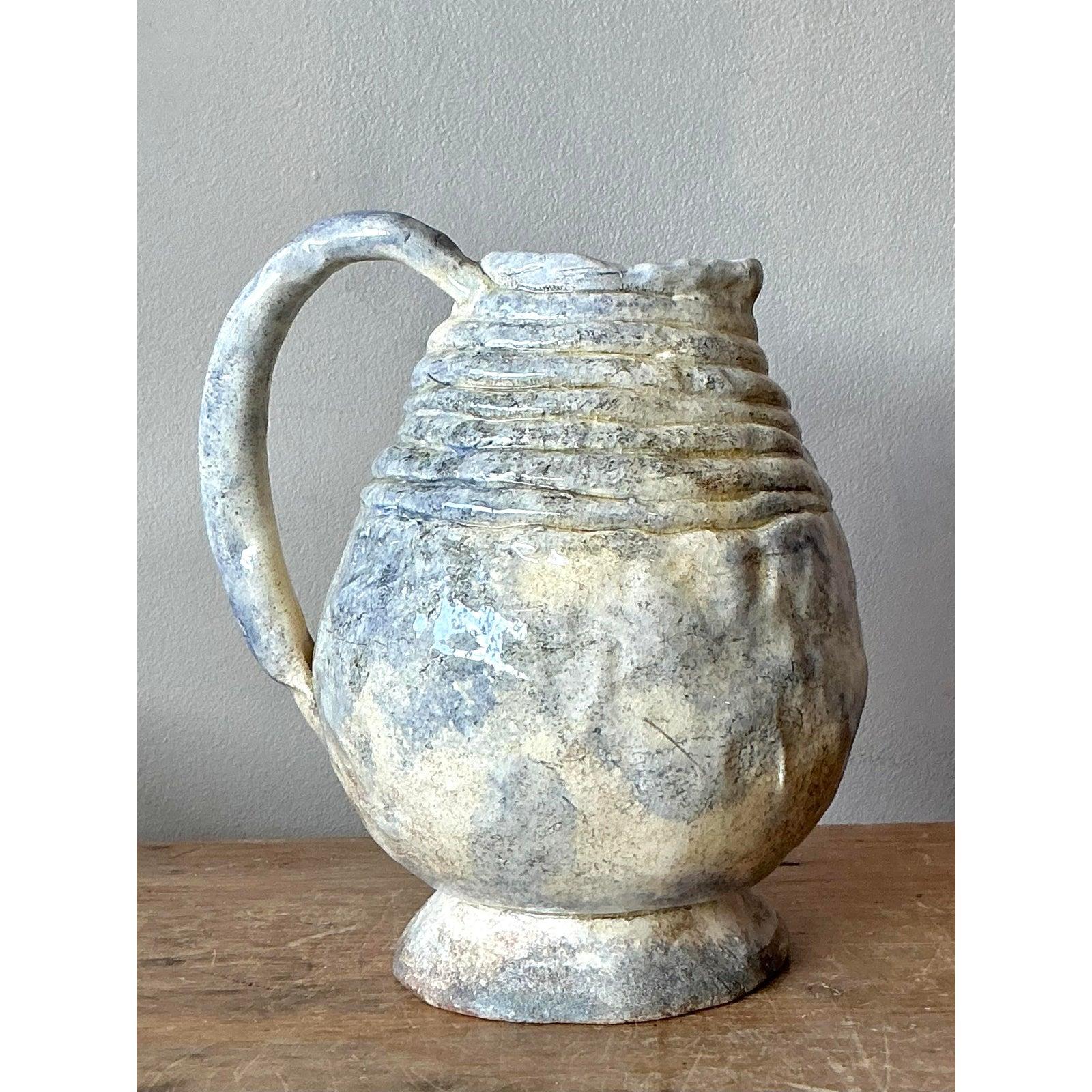 Rustic Vintage Boho Original Studio Pottery Pitcher For Sale