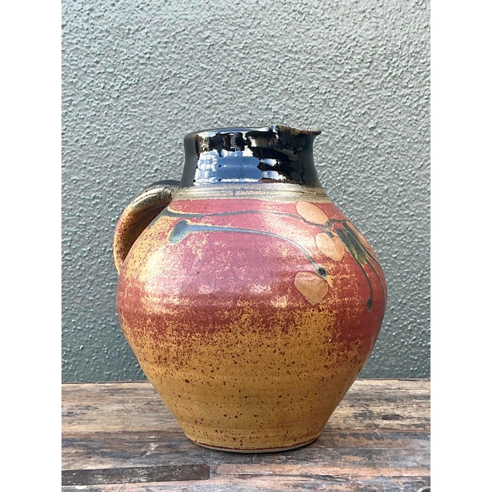 Organic Modern Vintage Boho Original Studio Pottery Pitcher For Sale
