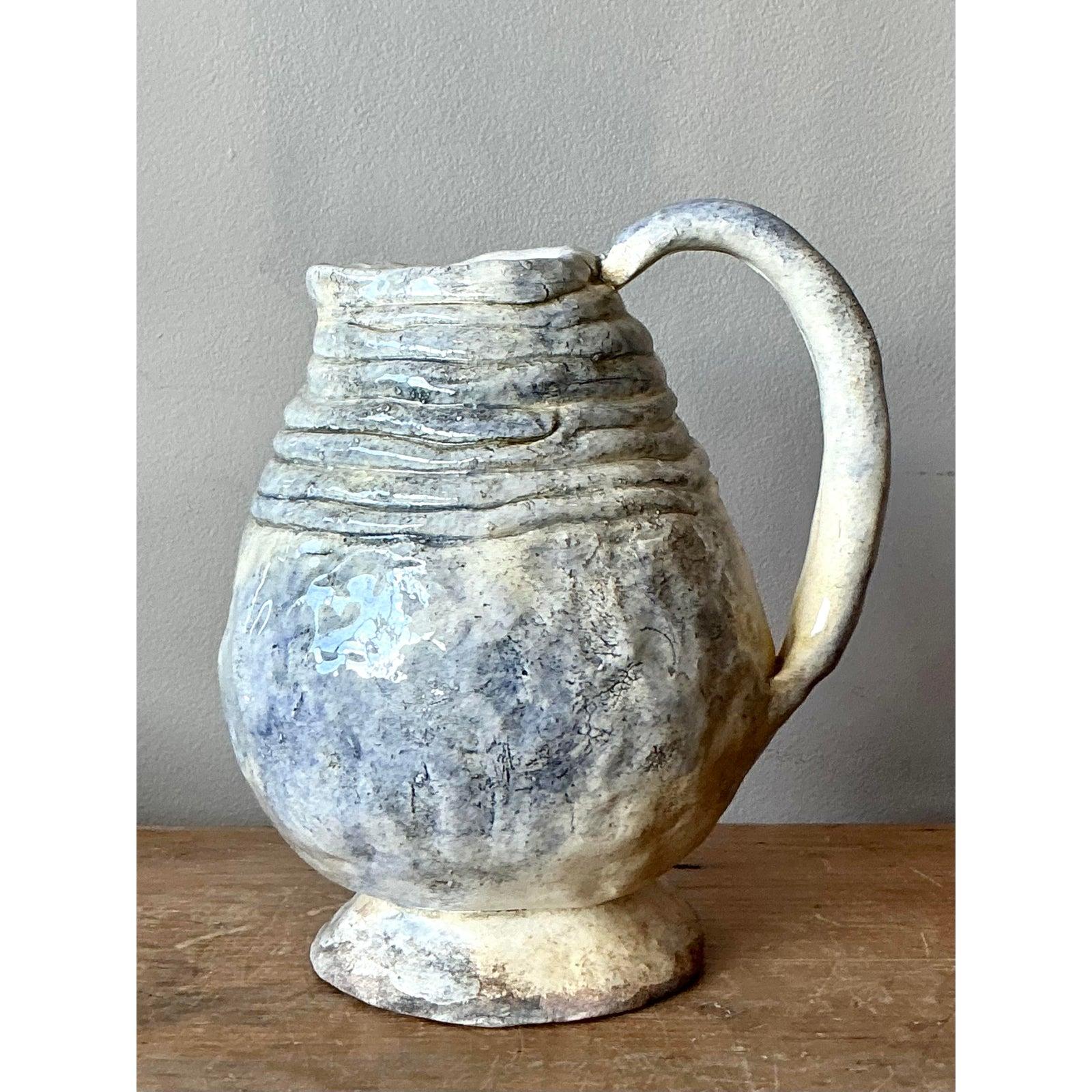 Vintage Boho Original Studio Pottery Pitcher In Good Condition For Sale In West Palm Beach, FL