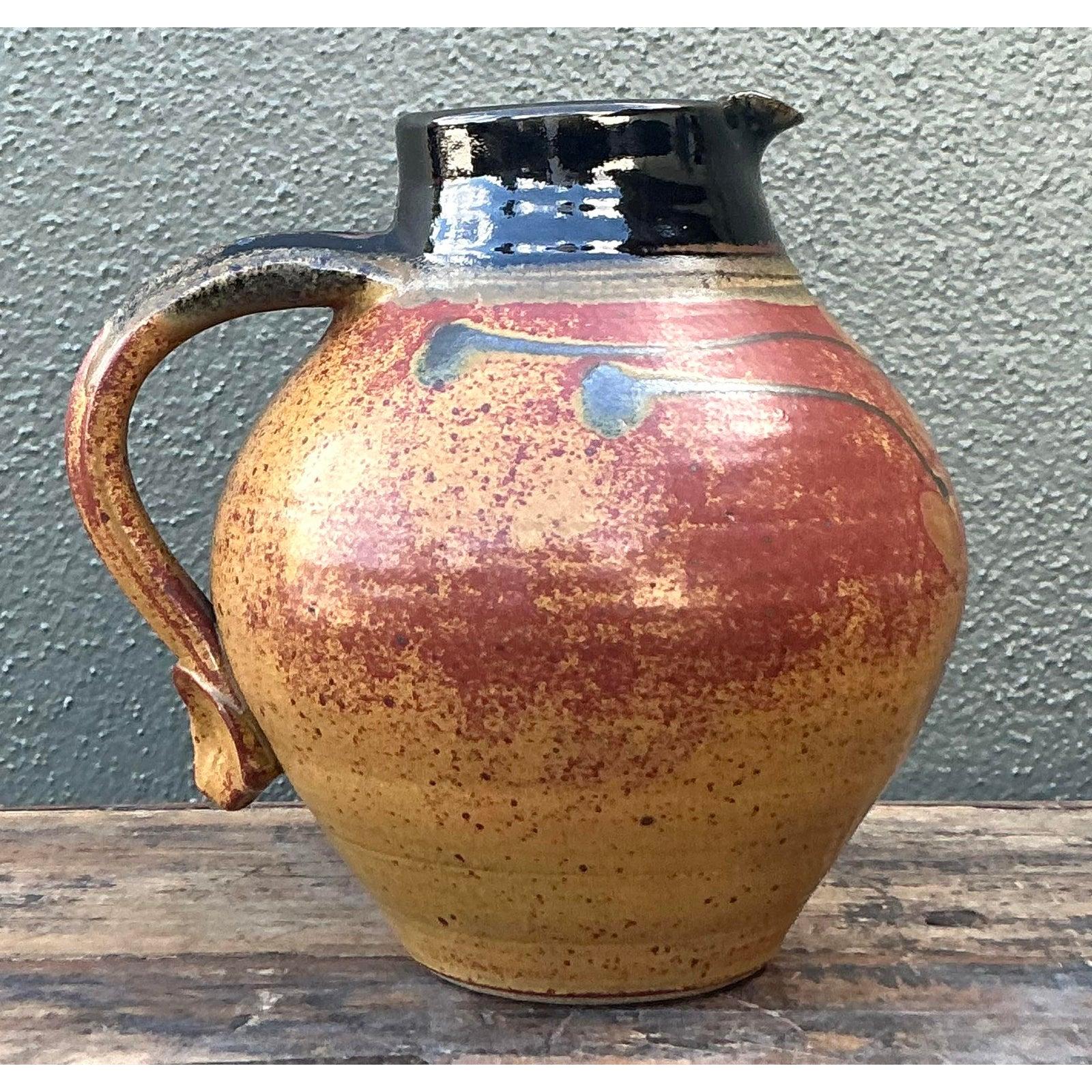 20th Century Vintage Boho Original Studio Pottery Pitcher For Sale