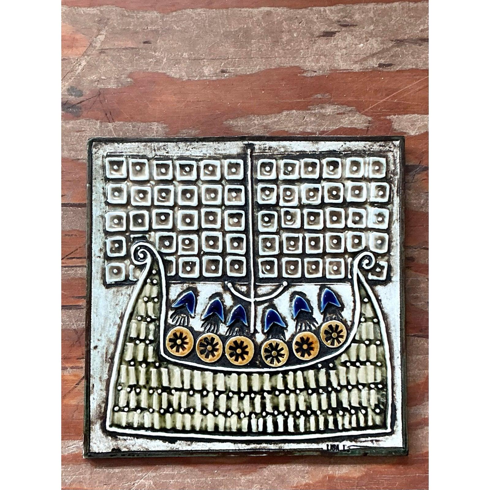 Rustic Vintage Boho Original Studio Pottery Viking Ship Tile For Sale