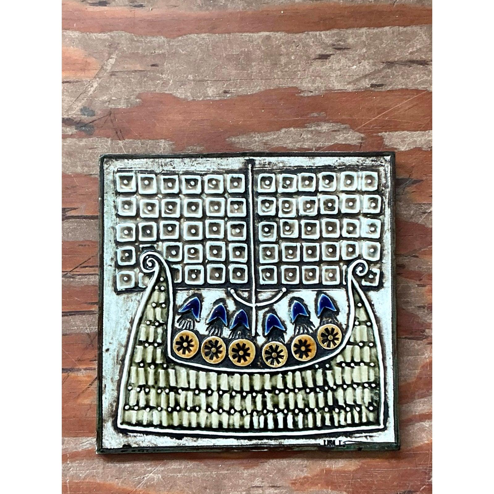American Vintage Boho Original Studio Pottery Viking Ship Tile For Sale
