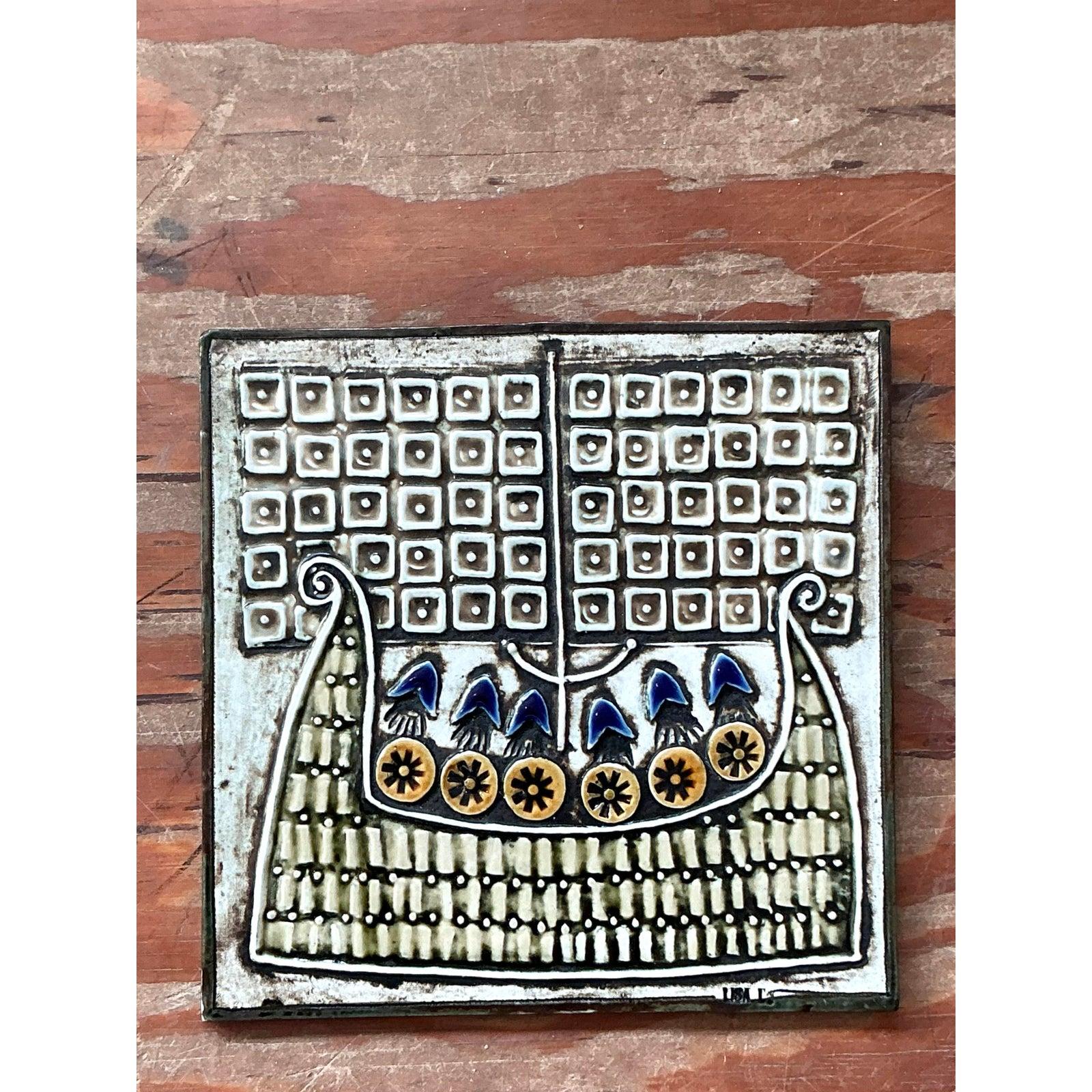 Vintage Boho Original Studio Pottery Viking Ship Tile In Good Condition For Sale In West Palm Beach, FL