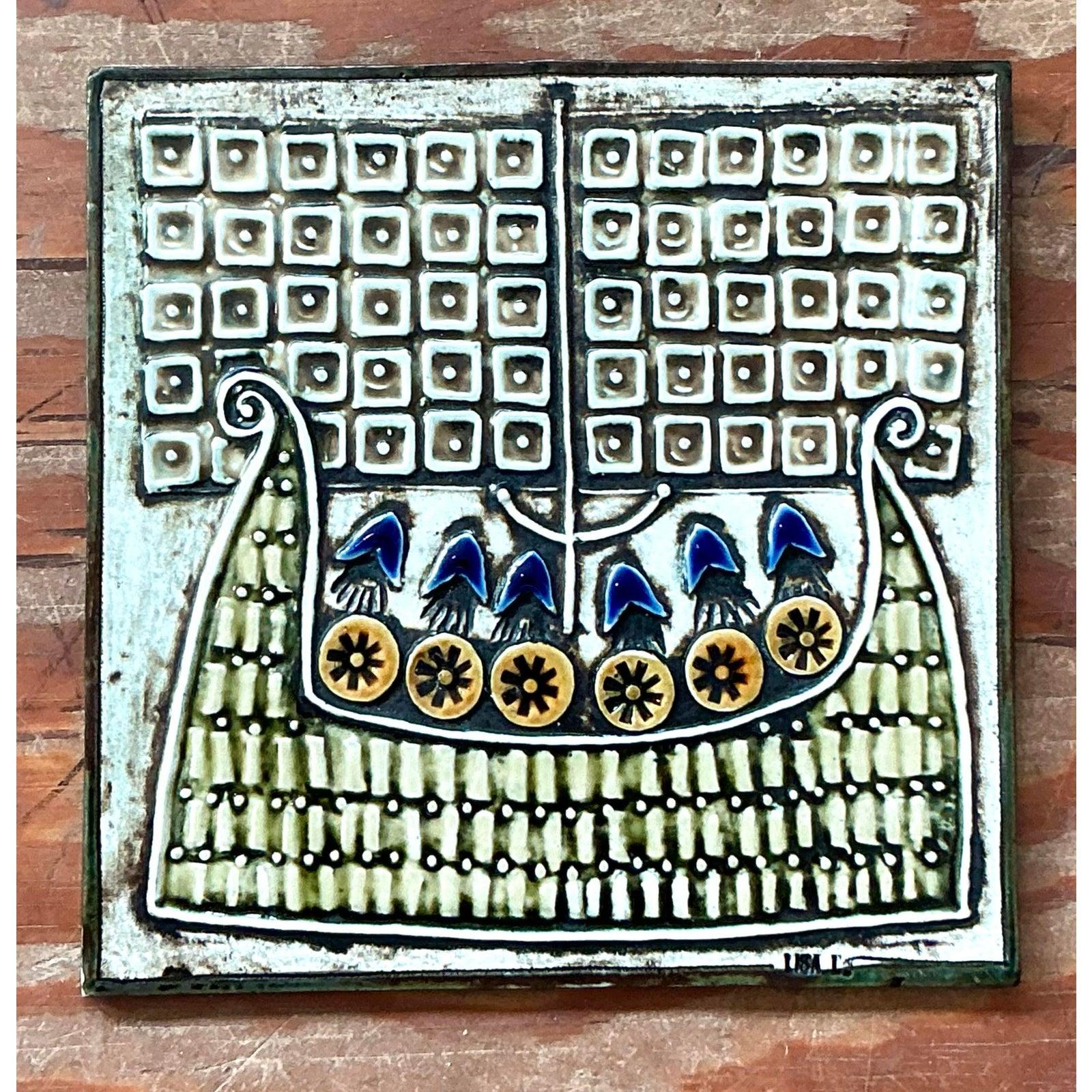 20th Century Vintage Boho Original Studio Pottery Viking Ship Tile For Sale