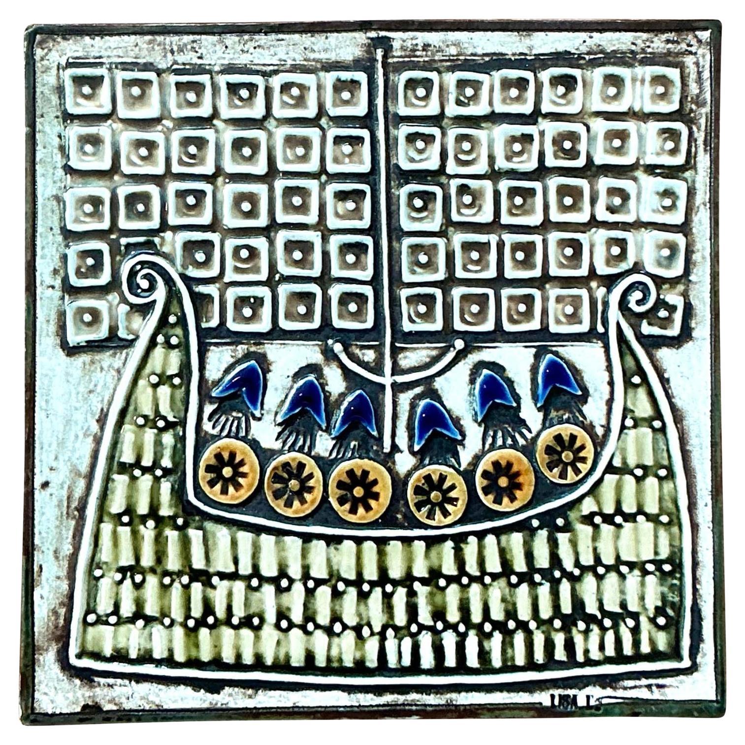 Vintage Boho Original Studio Pottery Viking Ship Tile
