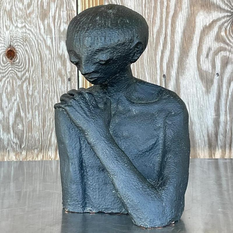 Fantastic vintage Boho original sculpture. Beautiful abstract composition of a man. Made from a terracotta and painted a mottled black. Acquired from a Palm Beach estate