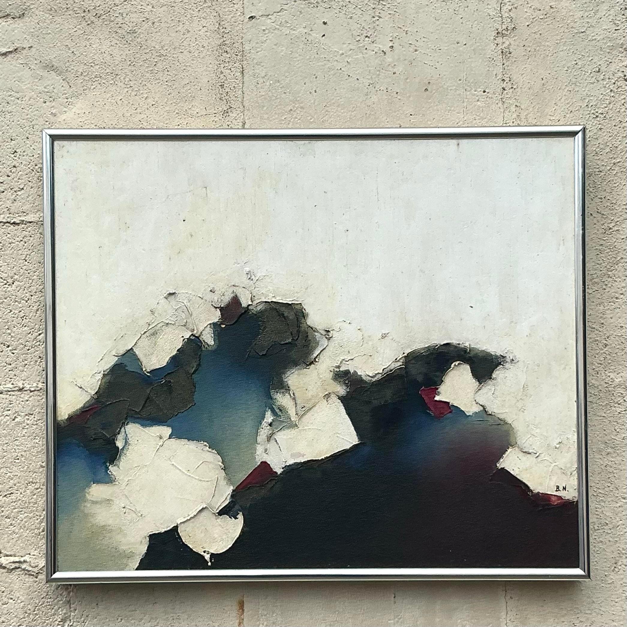 Verbessern Sie Ihre Einrichtung mit dem Vintage Boho MCM Original Textured Abstract Oil Painting on Canvas. Dieses bezaubernde Möbelstück verbindet modernes Design aus der Mitte des Jahrhunderts mit böhmischem Flair, mit reichhaltigen Texturen und