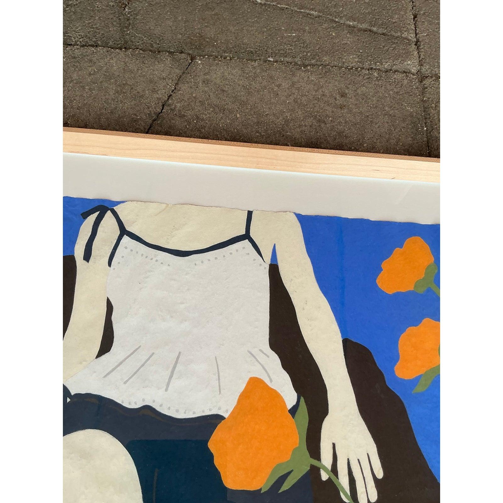 Una composizione sorprendente che irradia una femminilità moderna e un calore nostalgico: questo disegno originale a pastello di Theresa Drapkin cattura un momento tranquillo e suggestivo. La figura, tagliata sulle spalle, poggia su un ricco sfondo