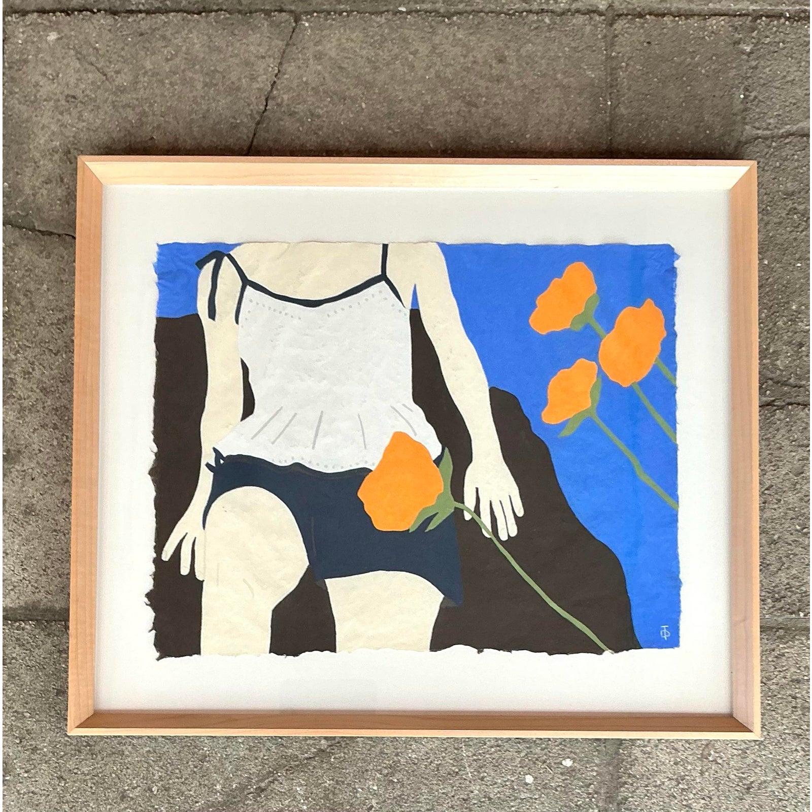 Americano Disegno figurativo bohémien originale di Theresa Drapkin, pastello su carta in vendita