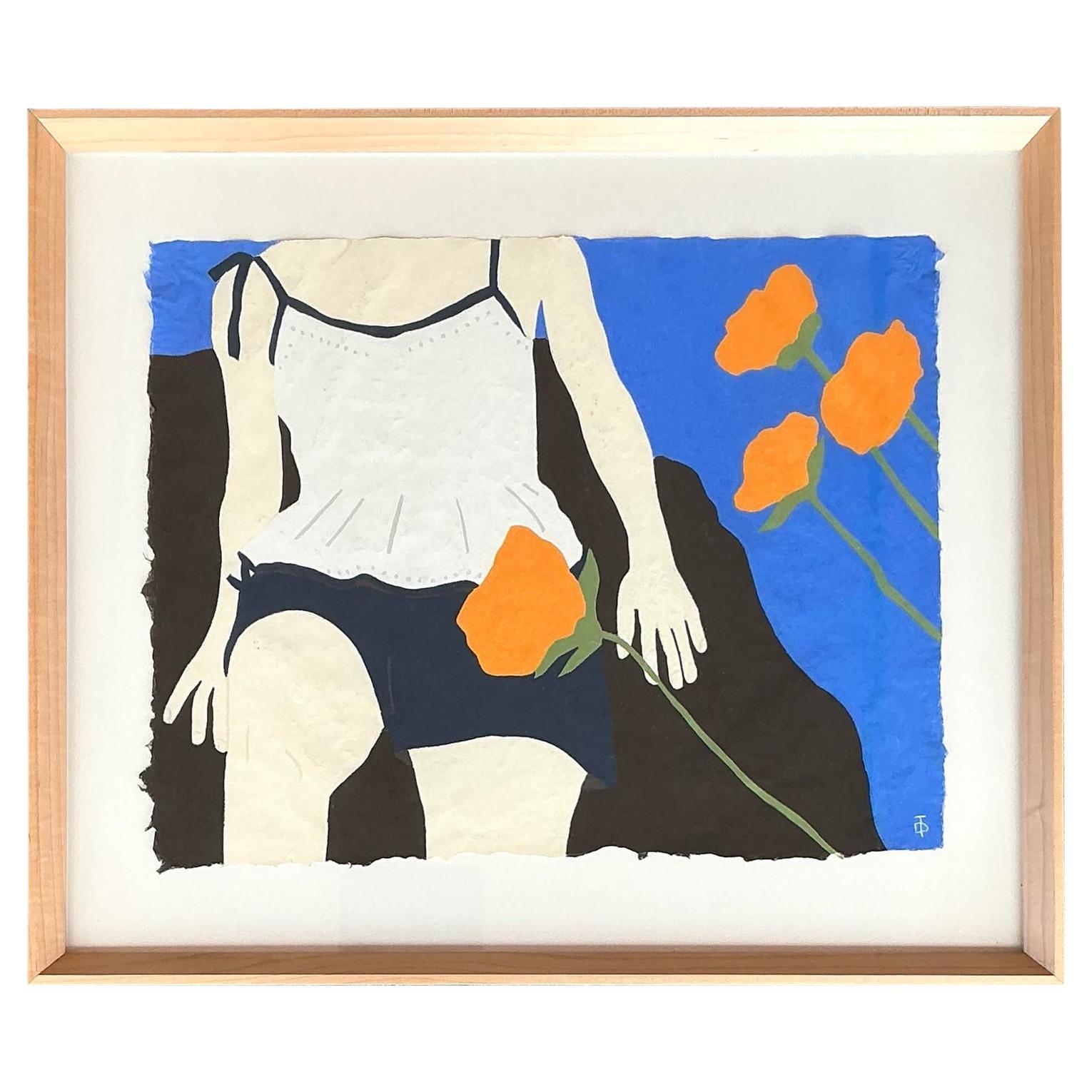 Disegno figurativo bohémien originale di Theresa Drapkin, pastello su carta