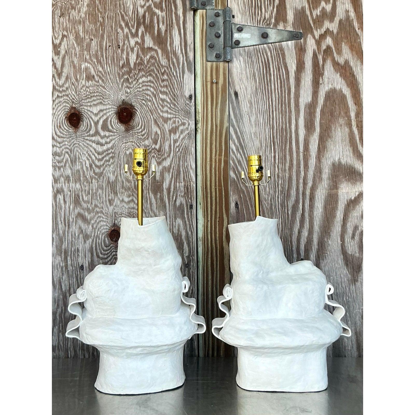 Discover unparalleled artistry with this extraordinary pair of Vintage Boho Original Ursula Schwartz Studio Pottery Lamps, a testament to bold design and masterful craftsmanship. Each lamp is a unique sculptural masterpiece, hand-formed with a