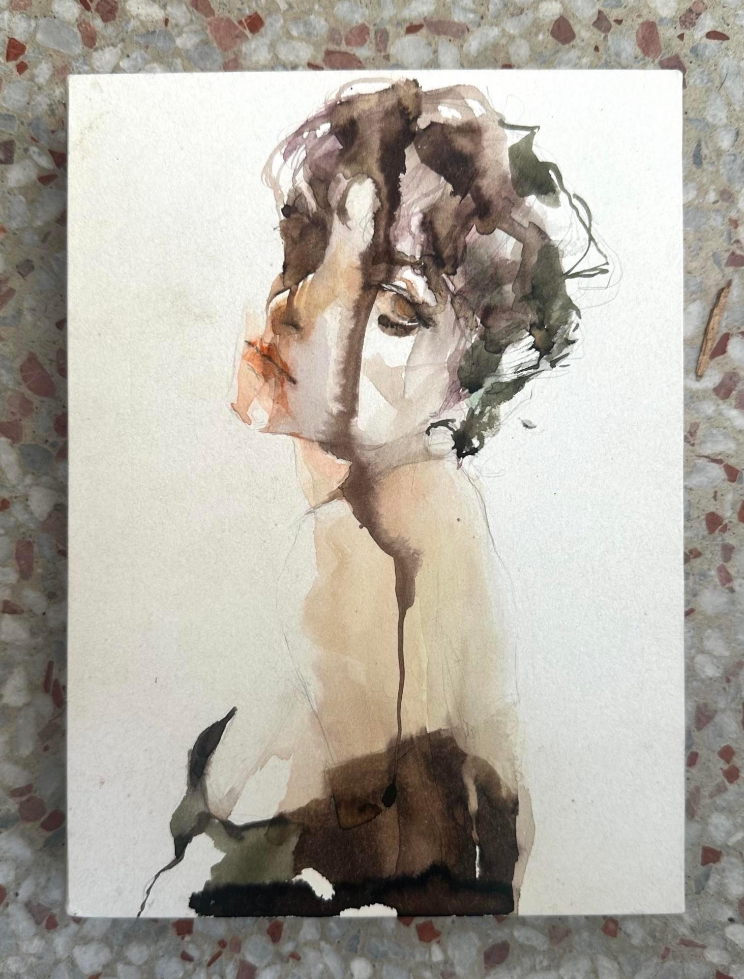 Vintage Boho Original Aquarell auf Box Mount (20. Jahrhundert) im Angebot