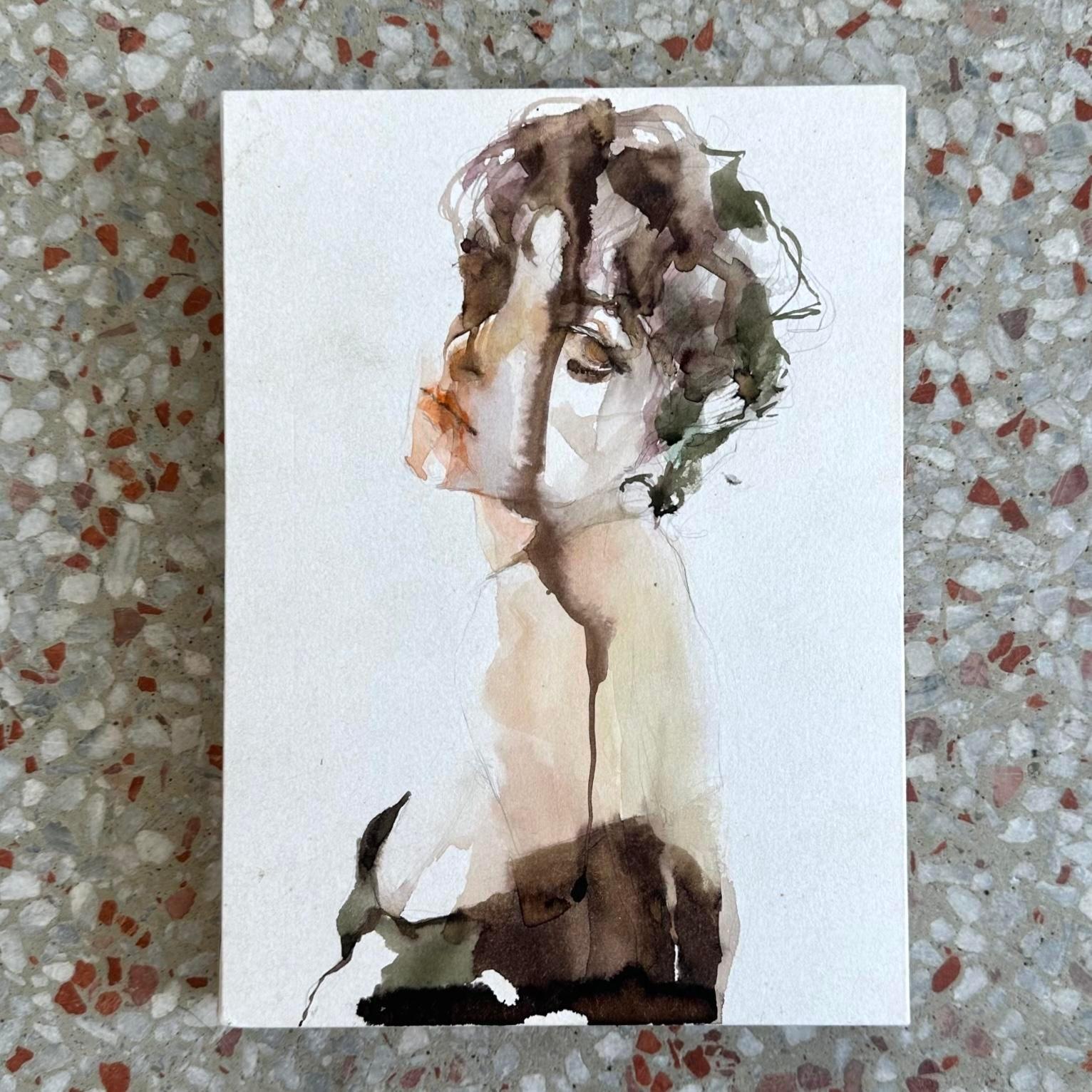 Vintage Boho Original Aquarell auf Box Mount (Farbe) im Angebot