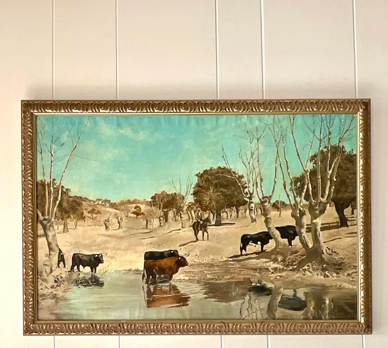 A fabulous vintage Boho original oil painting. A chic western country side in pale neutral colors. Acquired from a Palm Beach estate. 