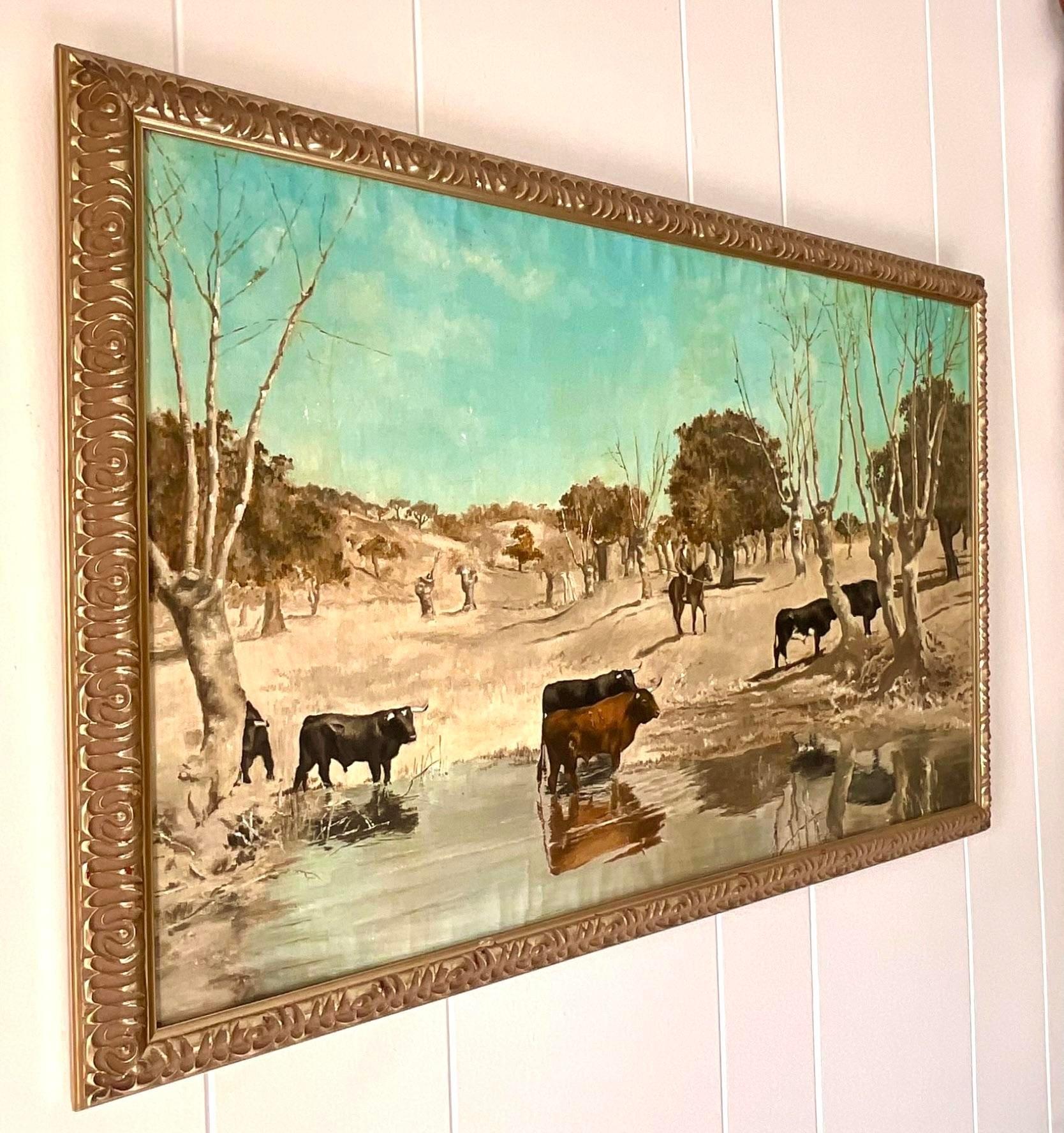 American Classical Vintage Boho Original Western Landscape Oil Painting on Canvas For Sale