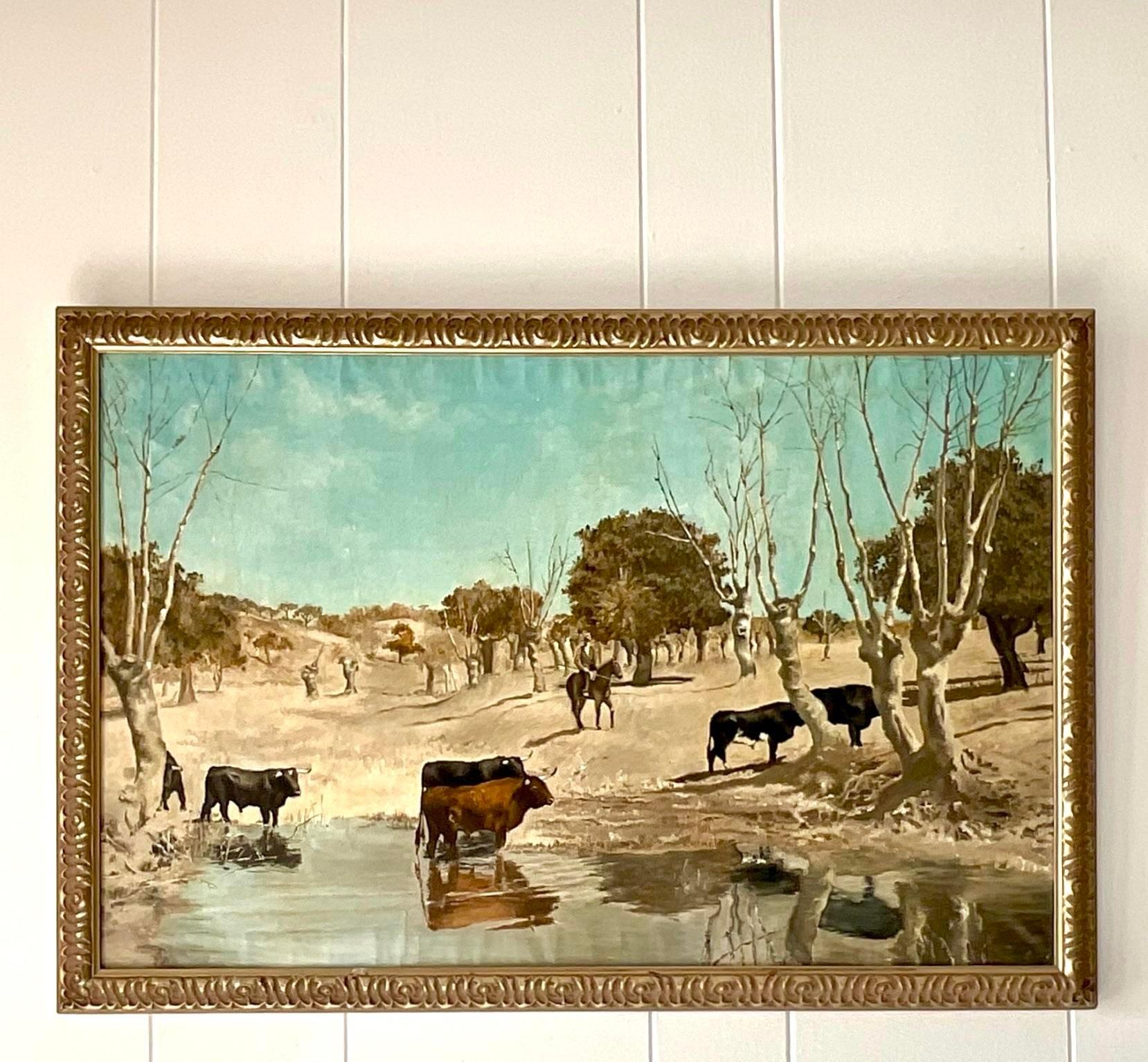 Vintage Boho Original Western Landscape Oil Painting on Canvas For Sale 1