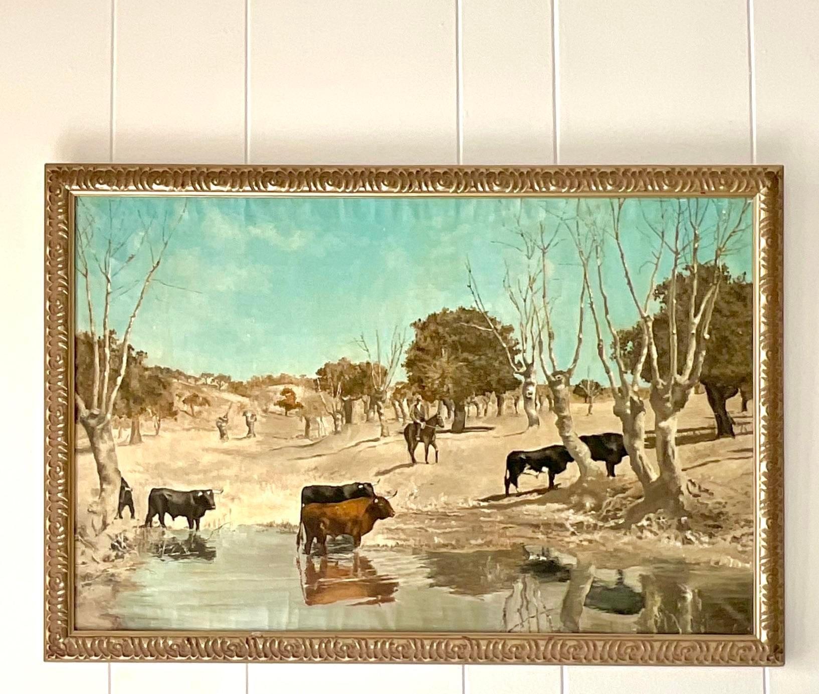 Vintage Boho Original Western Landscape Oil Painting on Canvas For Sale 2