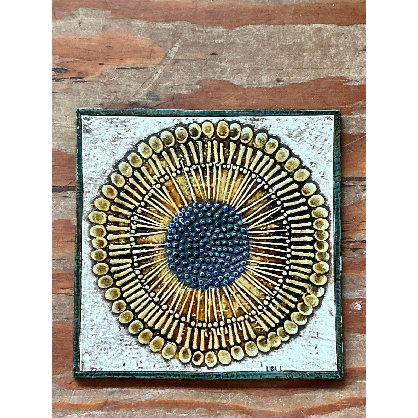 Folk Art Vintage Boho Original Willow Studio Pottery Tile For Sale